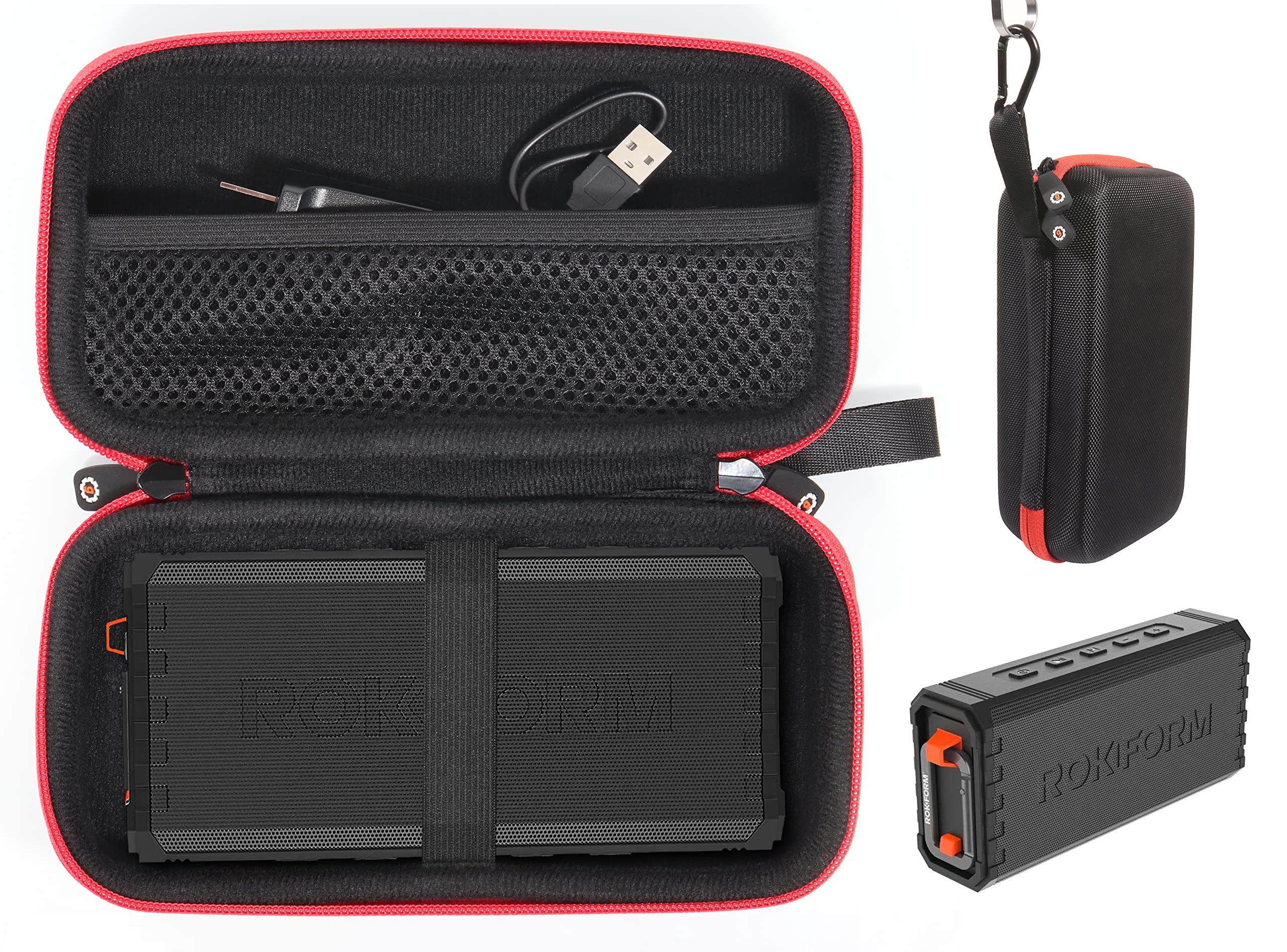 getgear case for ROKFORM G-ROK Portable Wireless Magnetic Golf Speaker, Black with Orange Zip, Mesh Pocket for Cable and Accessories