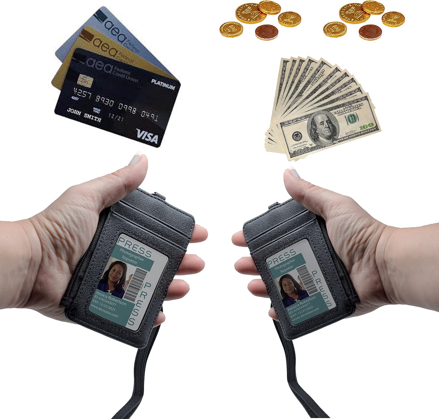 PU Leather Badge Wallet: Credential Holder Case with ID Window, 4 Credit Card Slots & Zipper Pocket - Black