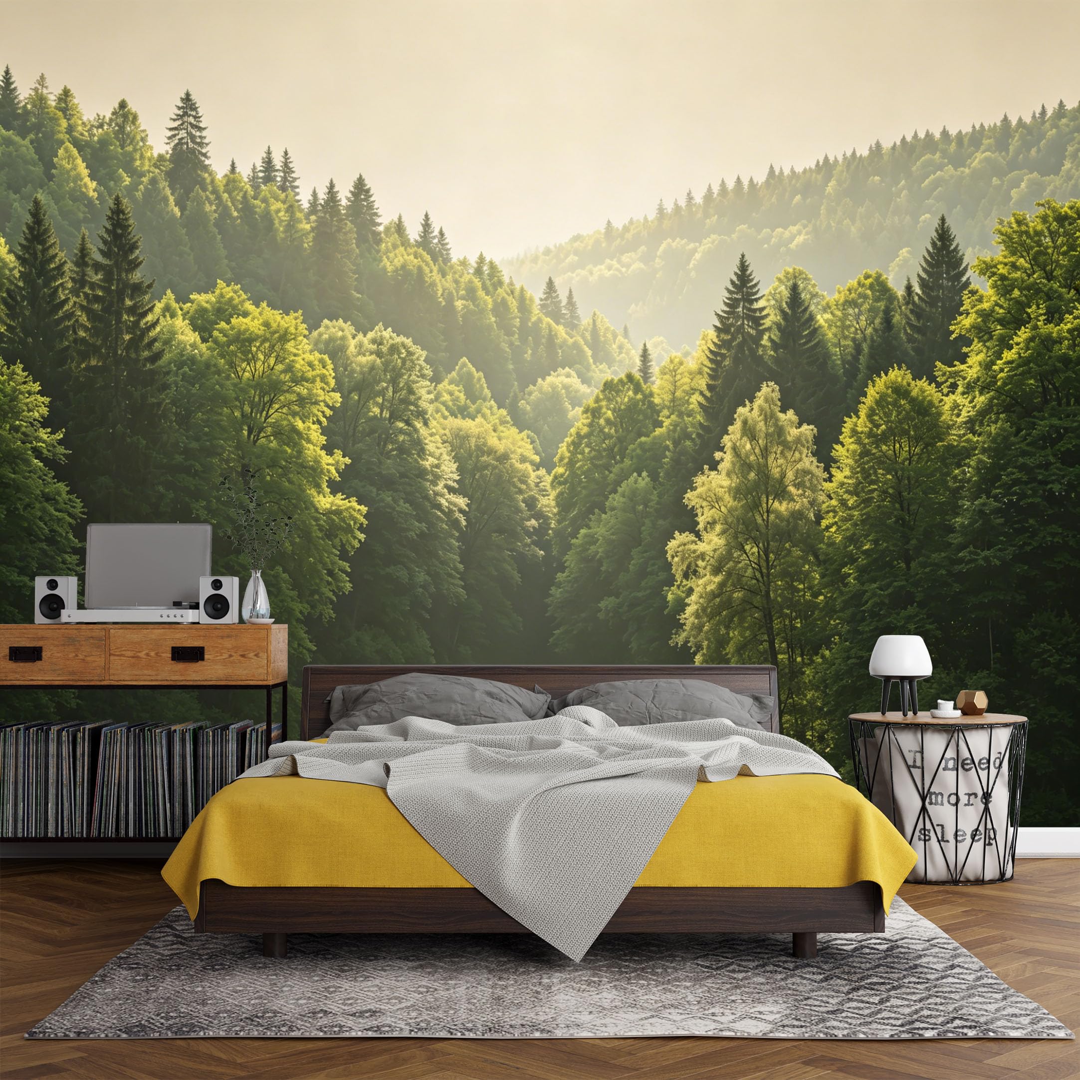 Custom Size Wall Mural Misty Forest Landscape Sunlight Pine Trees Nature View，SelfAdhesive Art Prints wall Fabric（No PVC） Removable Wallpaper Living Room Decor
