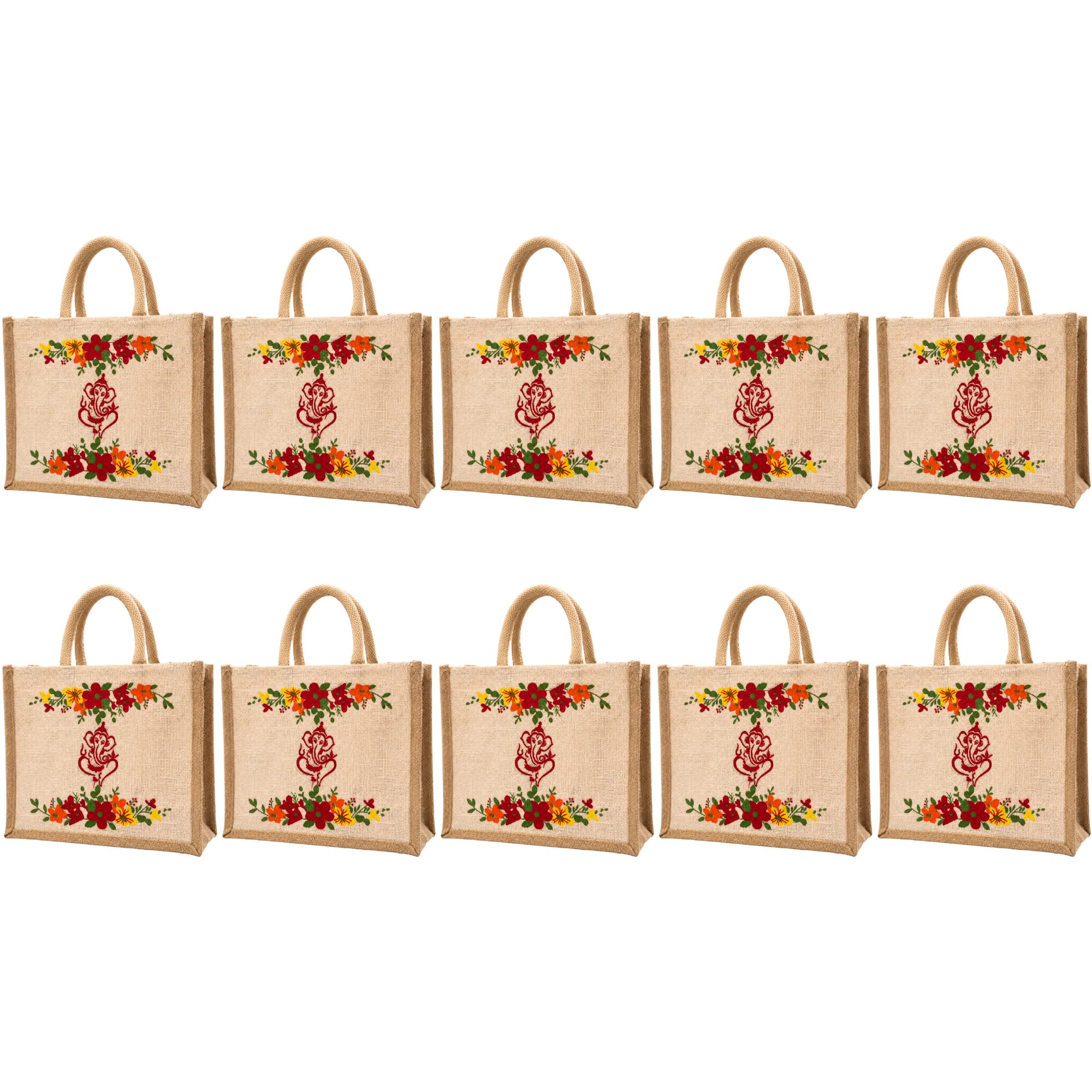cantainoo Jute Bags for Return Gifts | Return Gift Bags | Eco-Friendly Reusable Jute Bags for Gifting, Shopping & Daily Use (10, Divine Ganesha Floral - ZIP)