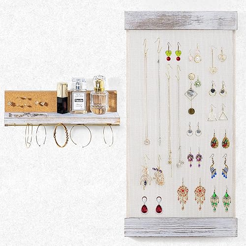Lavievert Organizador de aretes colgantes, exhibición de aretes rústicos vintage, juego de 2 organizadores de joyas montados en la pared con estante