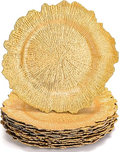 WUWEOT Paquete de 12 platos de carga dorados de 13 pulgadas cargadores de platos con diseño de arrecife de flora platos de plástico redondos con
