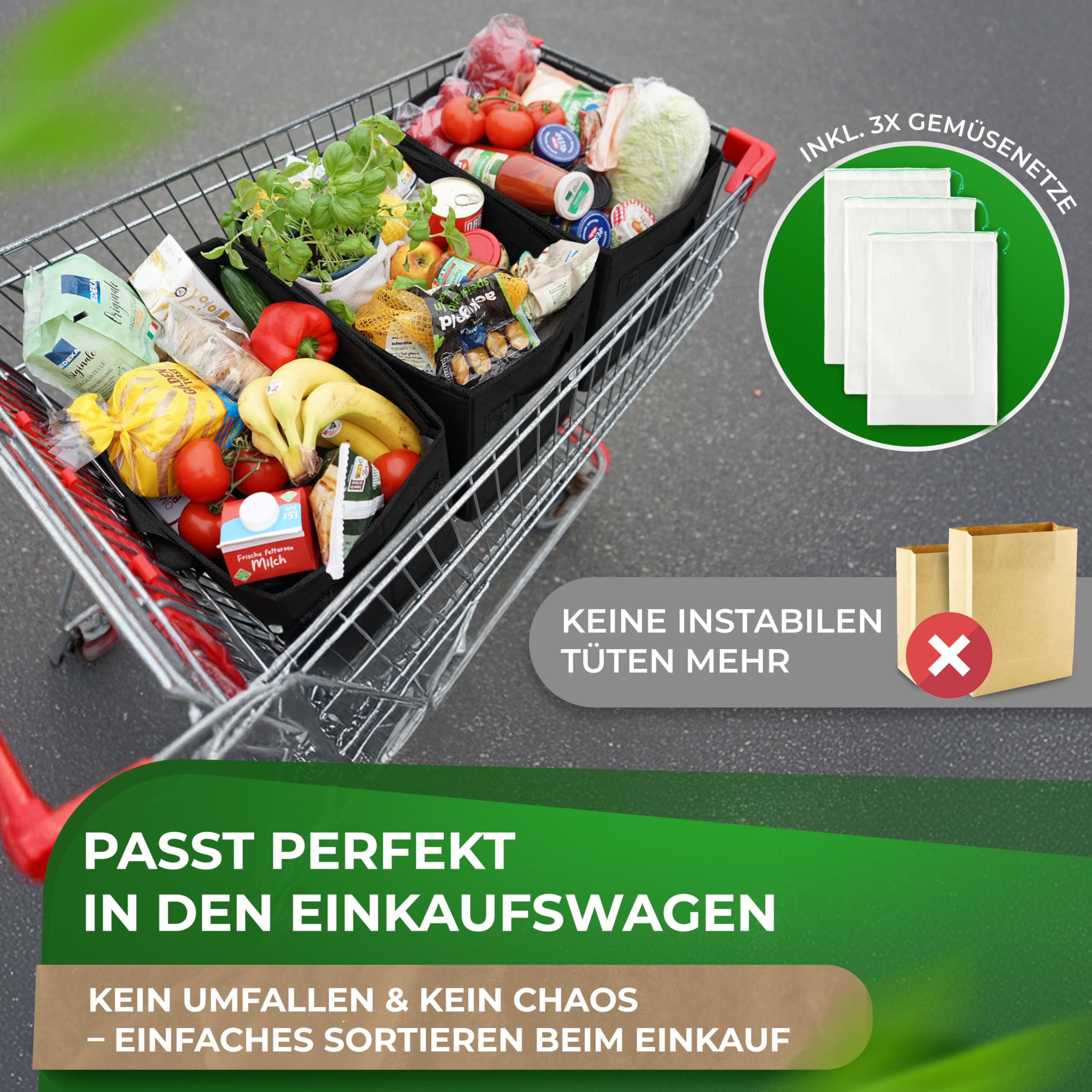 COTTARA® faltbare Einkaufstasche groß 3er Pack & Obstnetz – stabiler großer Einkaufskorb faltbar mit verstärktem Boden – Ideale Einkaufstasche für Einkaufswagen & Kofferraum – 80 L Schwarz