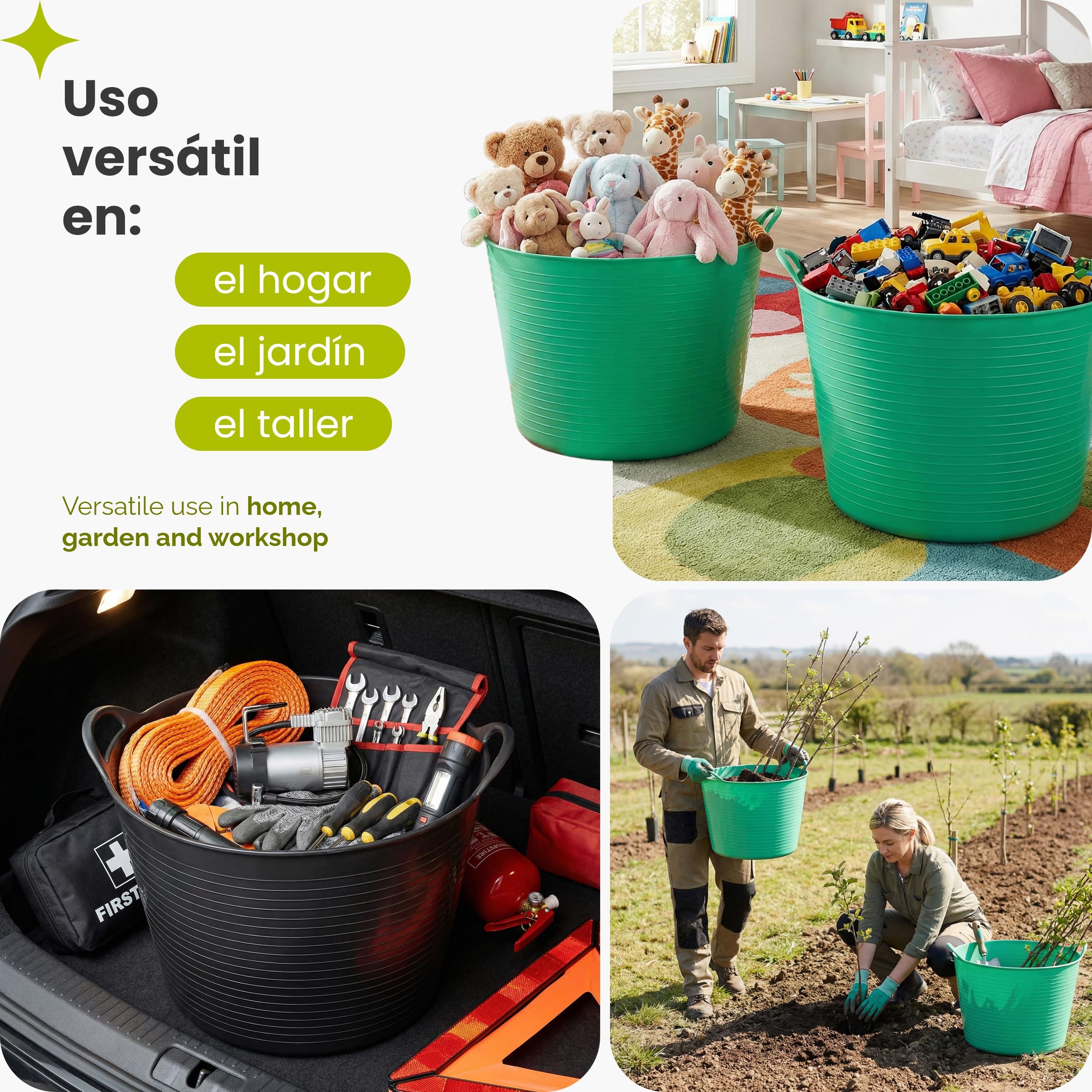 Garronda Pack de 4 Capazo Flexible 42 L para Hogar y Jardín - Cubo Plástico Multiusos con Asas, Cesta, Espuertas de Goma, Barreño Resistente para Albañilería, Limpieza y Transporte GD-0184 (Naranja)