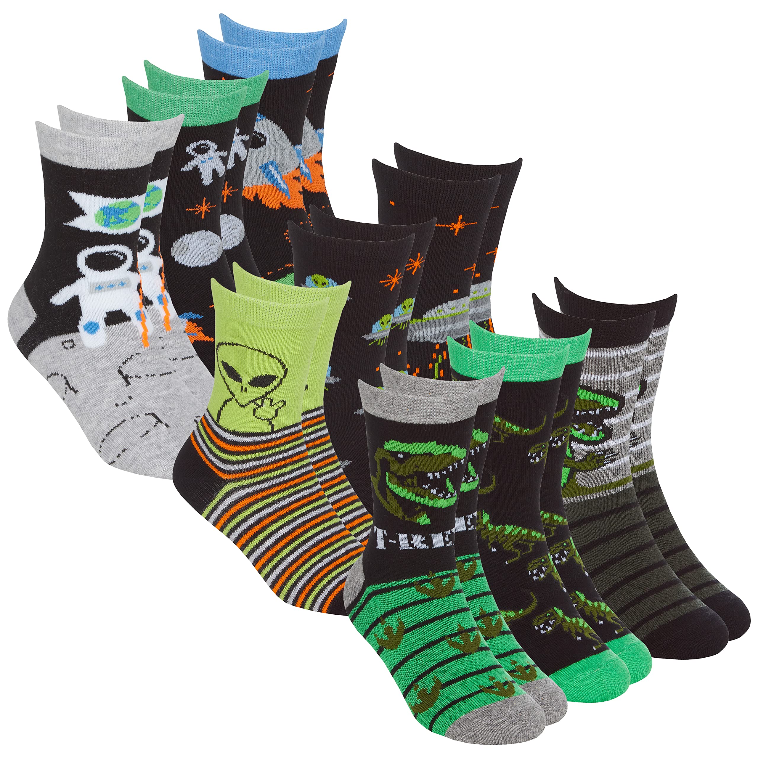 Metzuyan Kids Boys Cotton Rich Socks Novelty Crew Socks Space Alien Dino 9-12