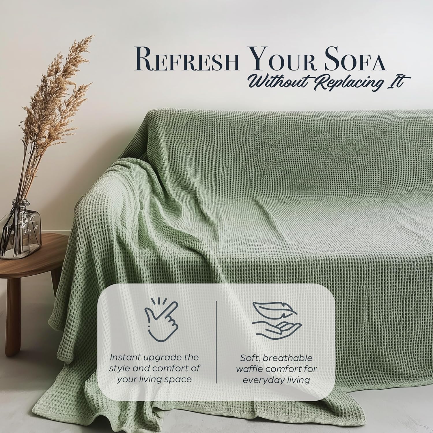 Extra Large Waffle Couch Cover - Perfect for L-Shape, U-Shape & Sectional Sofas, Washable Couch Cover, Sage Green Sofa Cover, 3, 4 Seater Slip Cover (Sage Green, 91x181 inches - 230x460 cm)