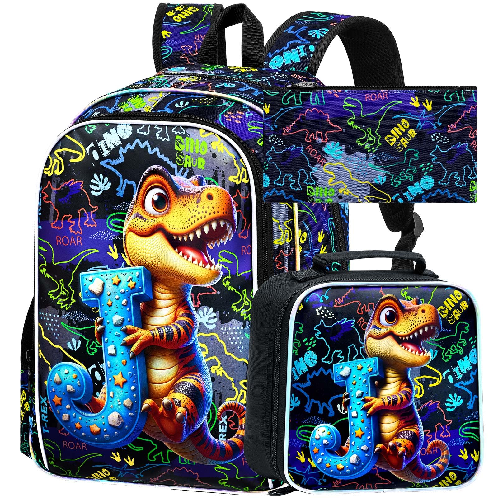 3Pcs Dinosaur Backpack, 16" Boys Bookbag with Lunch Box, Kids School Backpacks Set for Elementary Preschool Kindergarten (Balck)