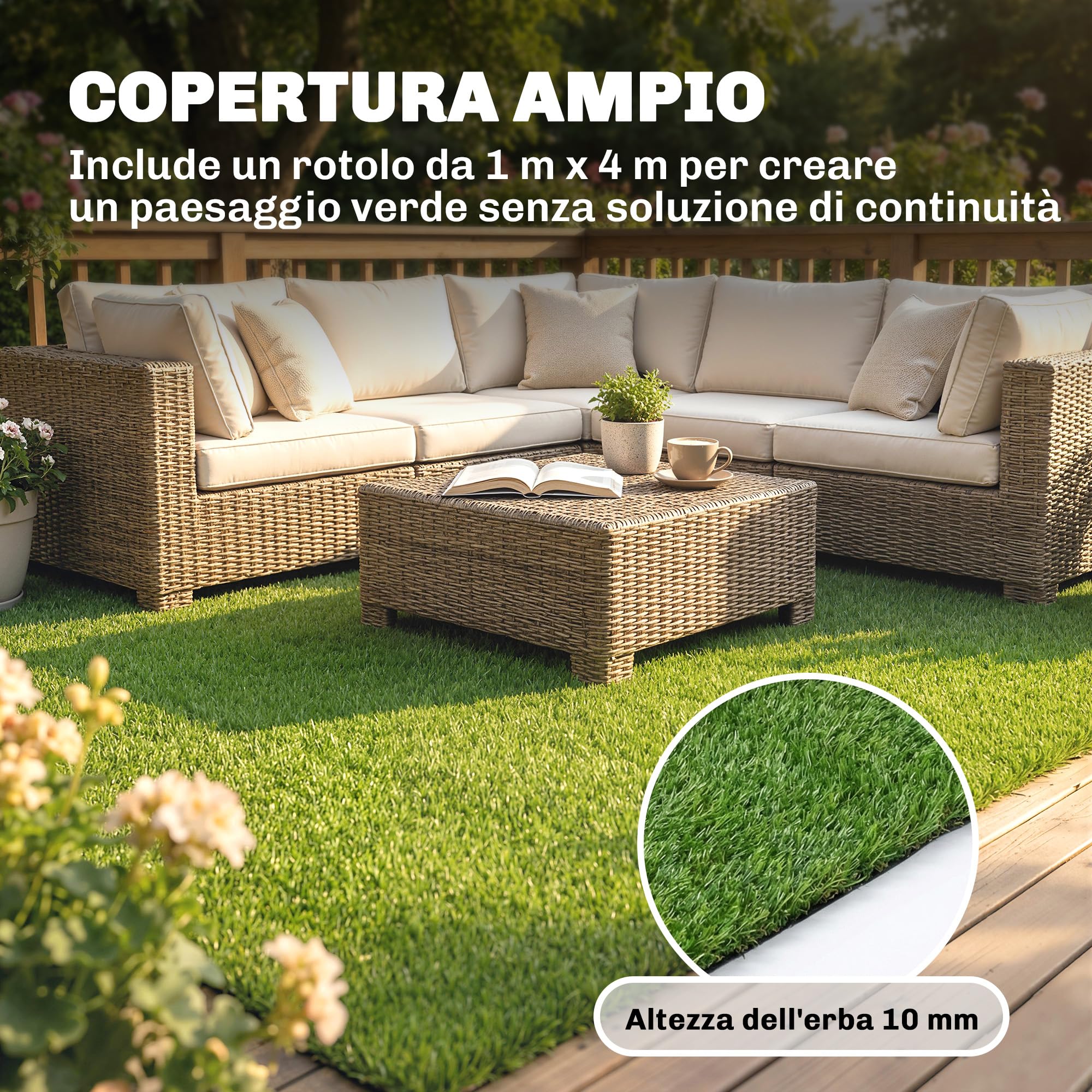 Outsunny Erba Artificiale per Esterno 1m x 4m, Tappeto Erboso Sintetico con Altezza 10mm, Drenante, Ideale per Giardini, Patio, Famiglie, Animali Domestici, Interno ed Esterno, Verde