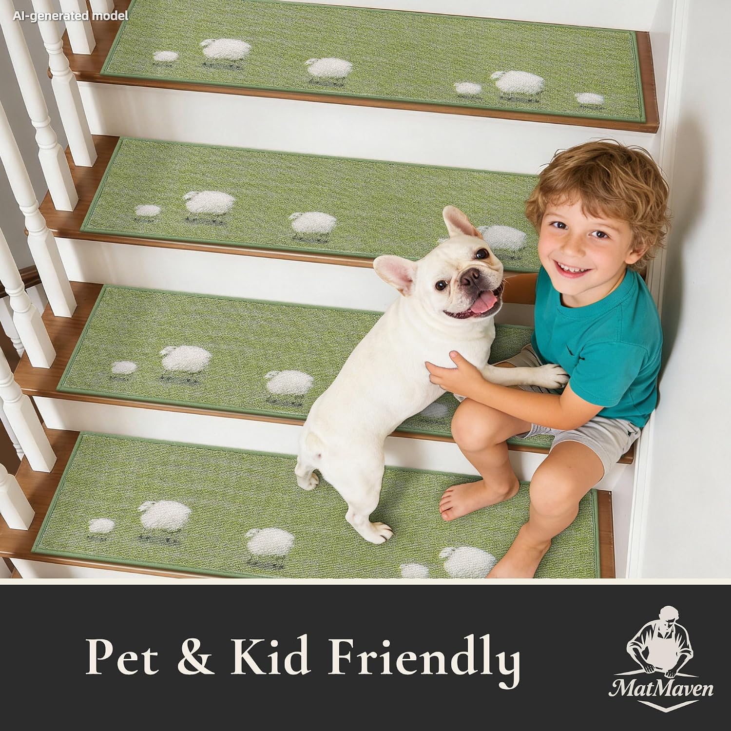Condition photo showing New/Like New for stair treads for wooden steps indoor,4 pack 8"x30" non slip machine washable carpet stair treads,stair runner rugs with peel & stick reusable tpe backing for kids elders & pets,green(sheep)