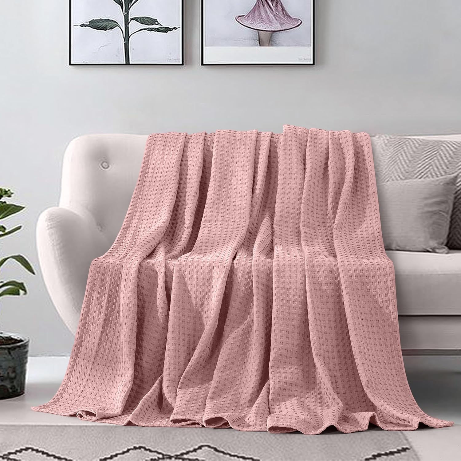 Elegant Comfort Premium 100% Cotton Waffle Blanket - Lightweight Breathable Waffle Weave Bed Blanket - Soft and Warm All Season Blanket for Couch, Sofa and Bed, Queen Size 90x90 Inches, Dusty Rose - Image 2