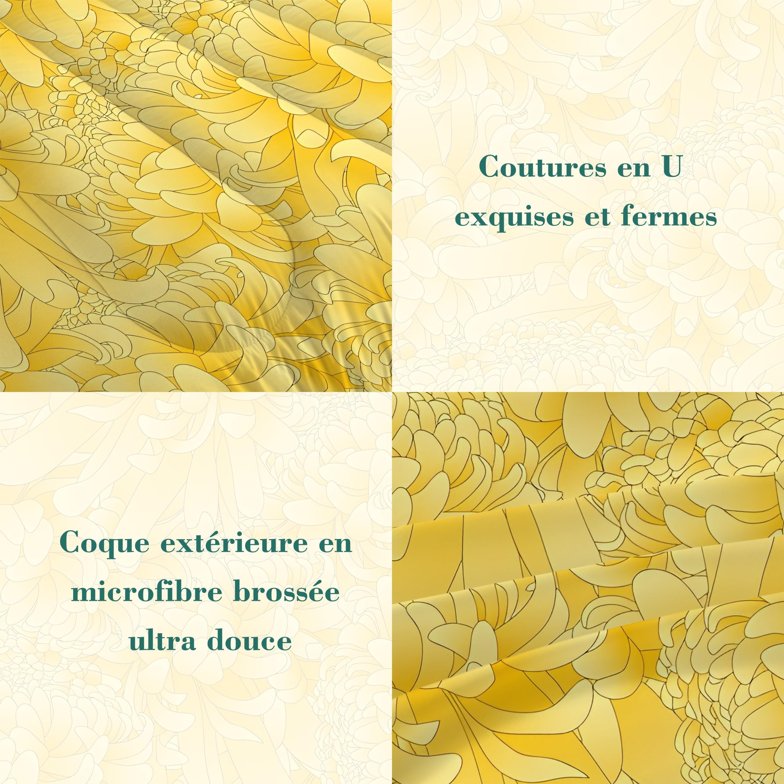Couette 220x240 Sans Housse Floraison de Chrysanthèmes - Duvet 2 Personnes, Couette Imprimée Fleurs , Légère 4 Saisons, anti acariens, Lavable en Machine, Édredon avec 2 Taies 65x65 cm, Jaune Soleil