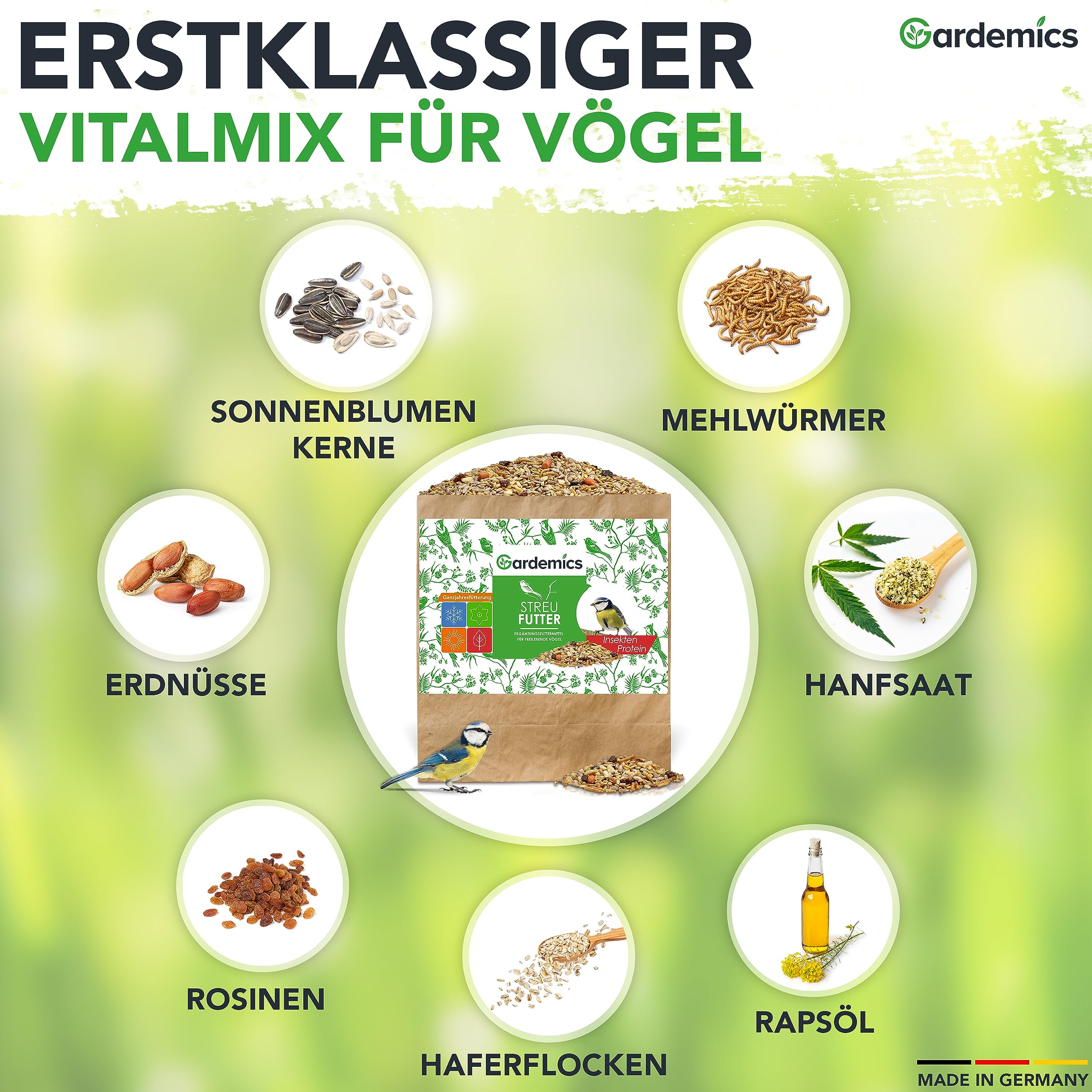Gardemics Vogelfutter Wildvögel ganzjährig 10 Kg - Mit Mehlwürmern - Premium Protein Wildvogelfutter Ganzjahresfutter für Artenvielfalt im Garten