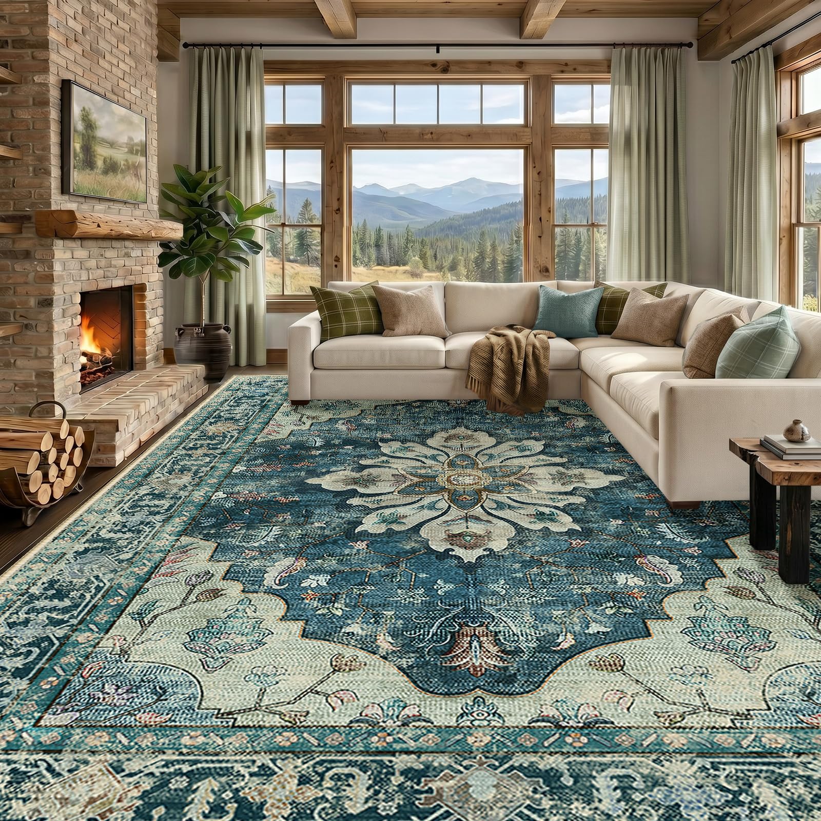Photo 1 of RELEANY Area Rugs Large 9'x12' Washable Non-Slip, Floral Vintage Distress Medallion Carpet for Living Room Bedroom Dining Room, Dark Blue Vintage