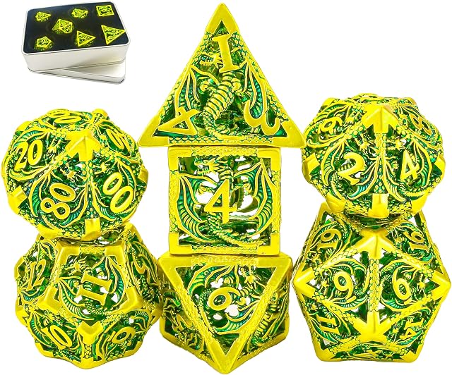 DND Dice Dungeons and Dragons Metal Hollow Dragon Polyhedral Dice Set D&D Miniatures Starter Play Card Game Mat Magic 7 Pcs Dice Club 5e Gifts Towers RPG MTG Table(Dragon_Pearl Golden Green)