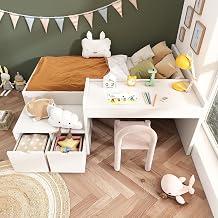 ModernLuxe Kids Single Bed with Desk and Drawers, 3FT Children's Bed with Storage Space, Wooden Slatted Frame, Lying Surface Suitable for Teenagers & Adults, White, 90x190cm No Mattress