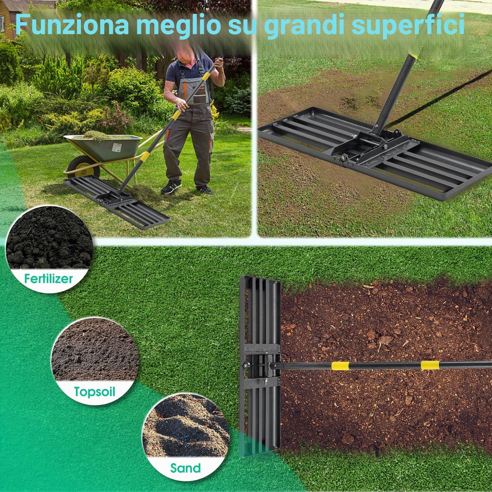 Rastrello per prato per livellamento, in acciaio inox, 157 cm, giardino, cortile