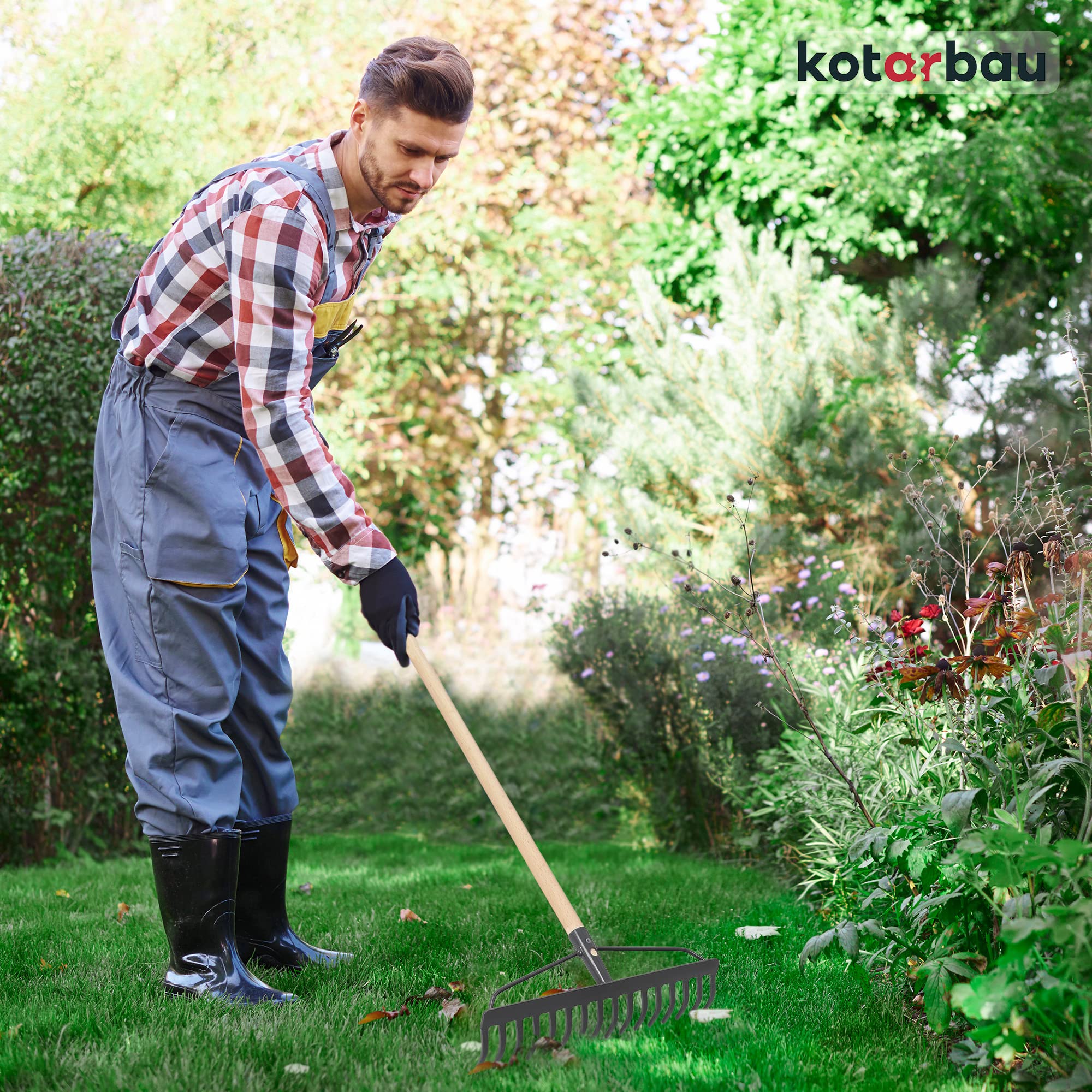 KOTARBAU® Rateau à Feuille - Métal - 46 cm - Râteau Jardin - 18 Dents - avec Manche en Bois - Outil Robuste pour Entretien Gazon Jardinage - Gris & Naturel