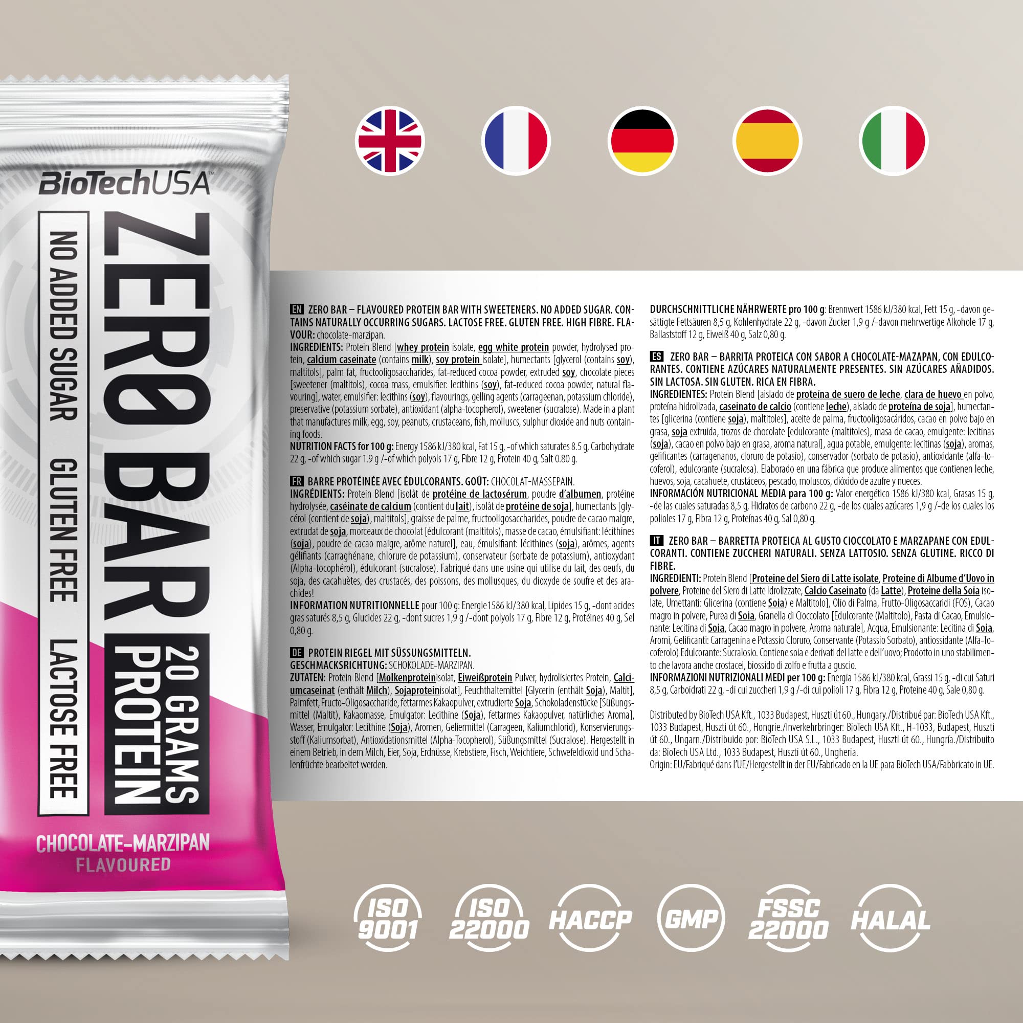 BioTechUSA Zero Bar - Snack proteico a basso contenuto di zuccheri e senza lattosio | Struttura croccante | Gusti deliziosi | Ideale per diete e allenamenti, 20*50 g, Cioccolato-Marzapane