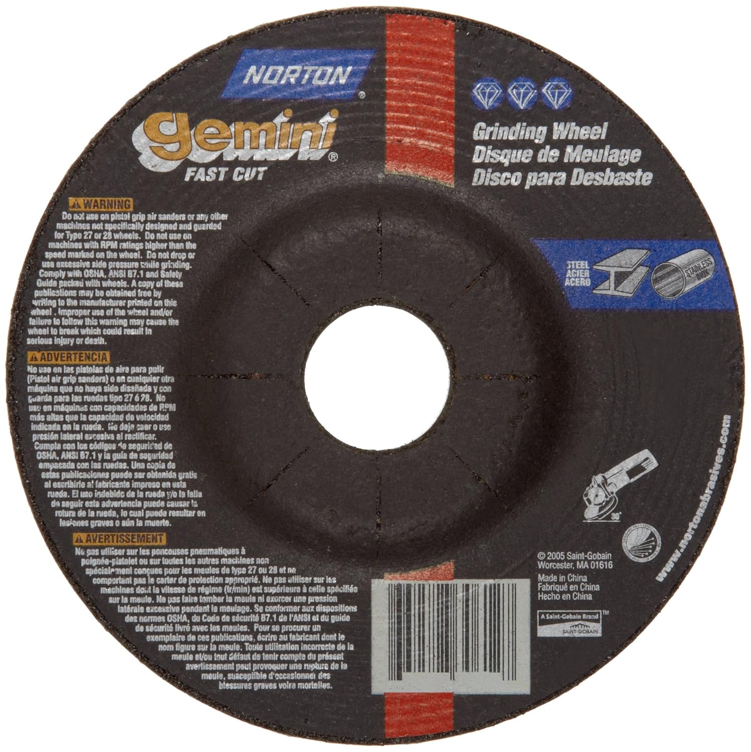 Norton Gemini Fast Cut Depressed Center Abrasive Wheel, Type 27