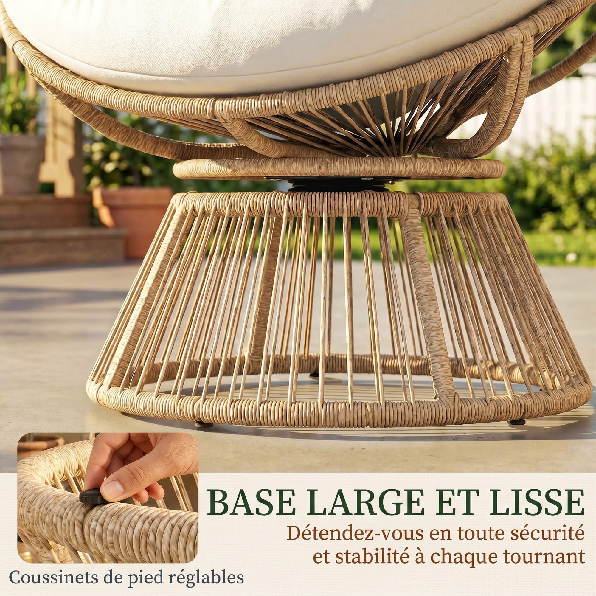 Outsunny Fauteuil Papasan Pivotant 360° avec Coussin Moelleux 12cm Fauteuil de Jardin en Polyrotin et Acier Siège Rond Relaxation pour Salon, Terrasse et Balcon Naturel