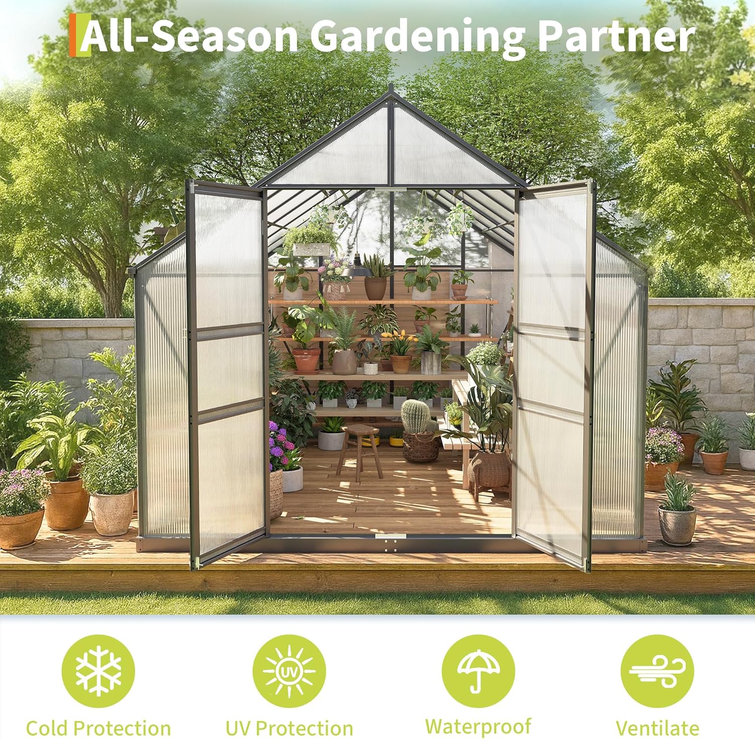 Large Greenhouse for Outdoors 8x12 FT, Polycarbonate Green House with Roof Vent and Quick Setup Structure, Aluminum Greenhouse Kit for Garden Backyard