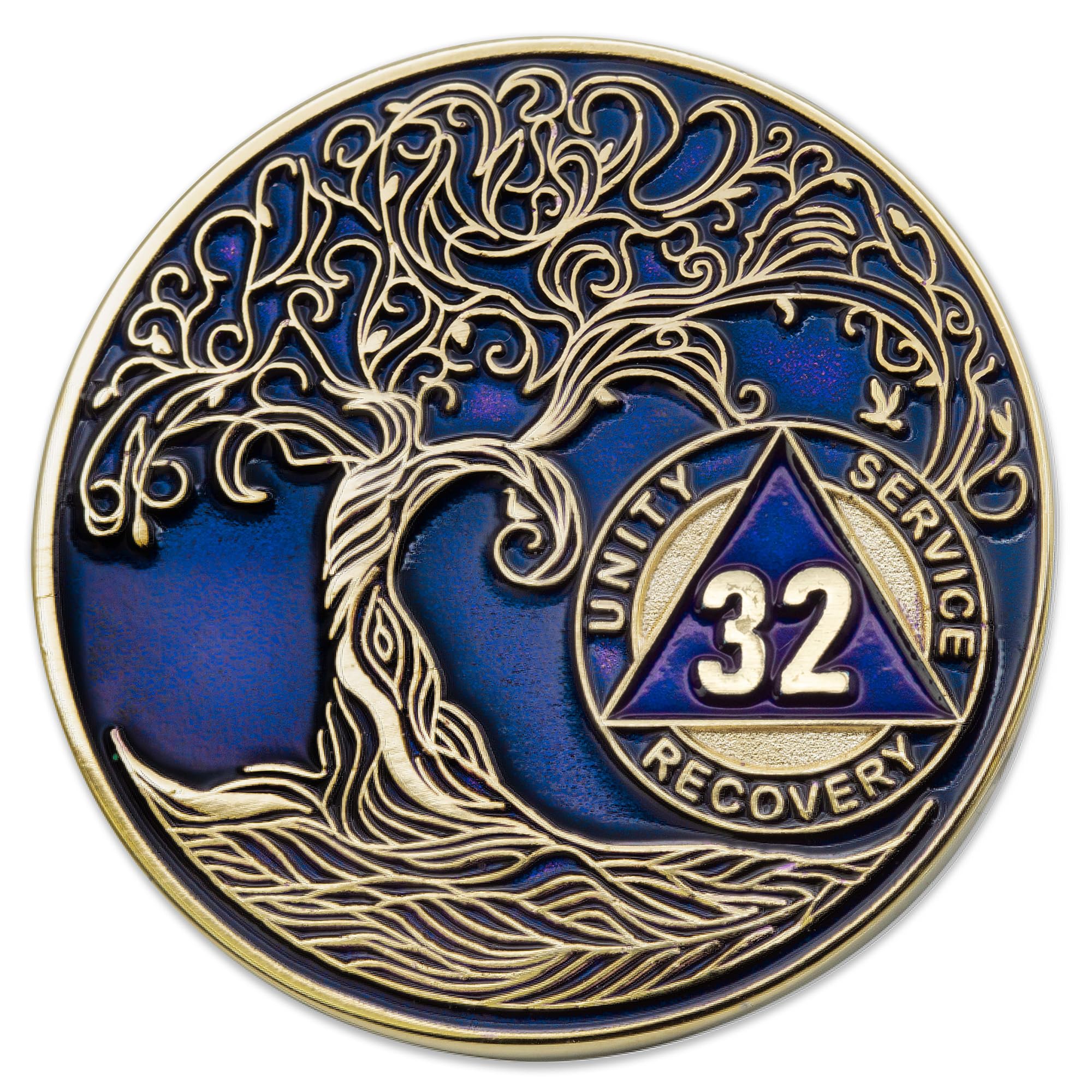 1 to 50 Year Twisted Tree of Life Sobriety Coin - Gold Plated AA Chips &amp; Medallions - 32 Year Sobriety Coin - Translucent Blue