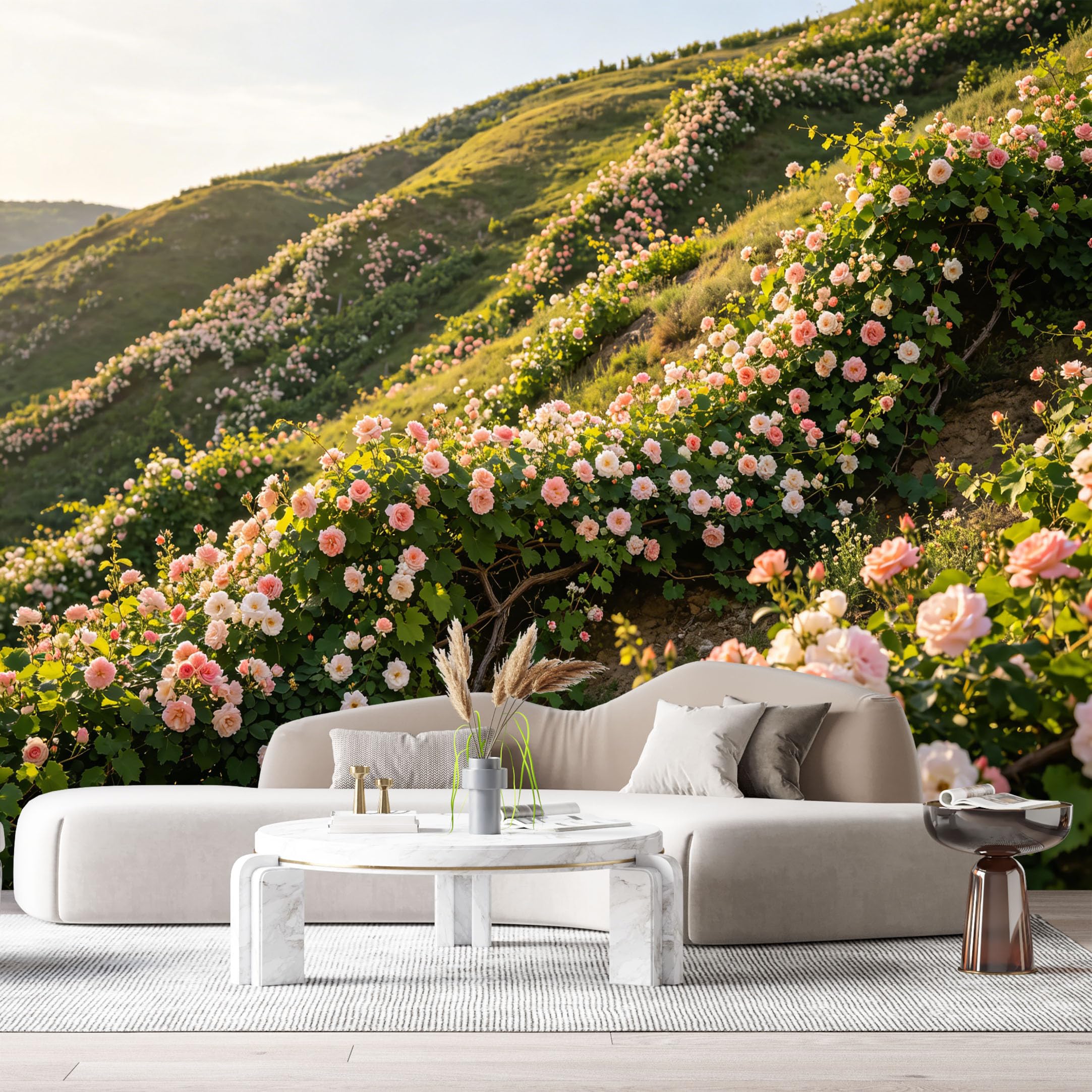 Custom Size Wall Murals Blooming Rose Hills Landscape Botanical Garden Sunrise SelfAdhesive Wall Fabric Removable Large Wallpaper for Photo Living Room