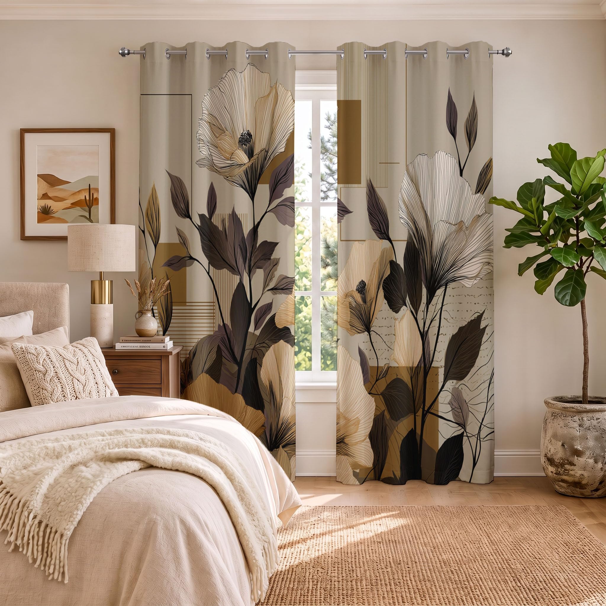 Cortinas Opacas Diseño Floral Lineal Hojas 2 Piezas 140 x 260 cm Cortinas Termicas Estilo Minimalista Moderno Con Argollas, Aislantes Reduccion Ruido Para Sala De Estar Dormitorio, Marrón Claro
