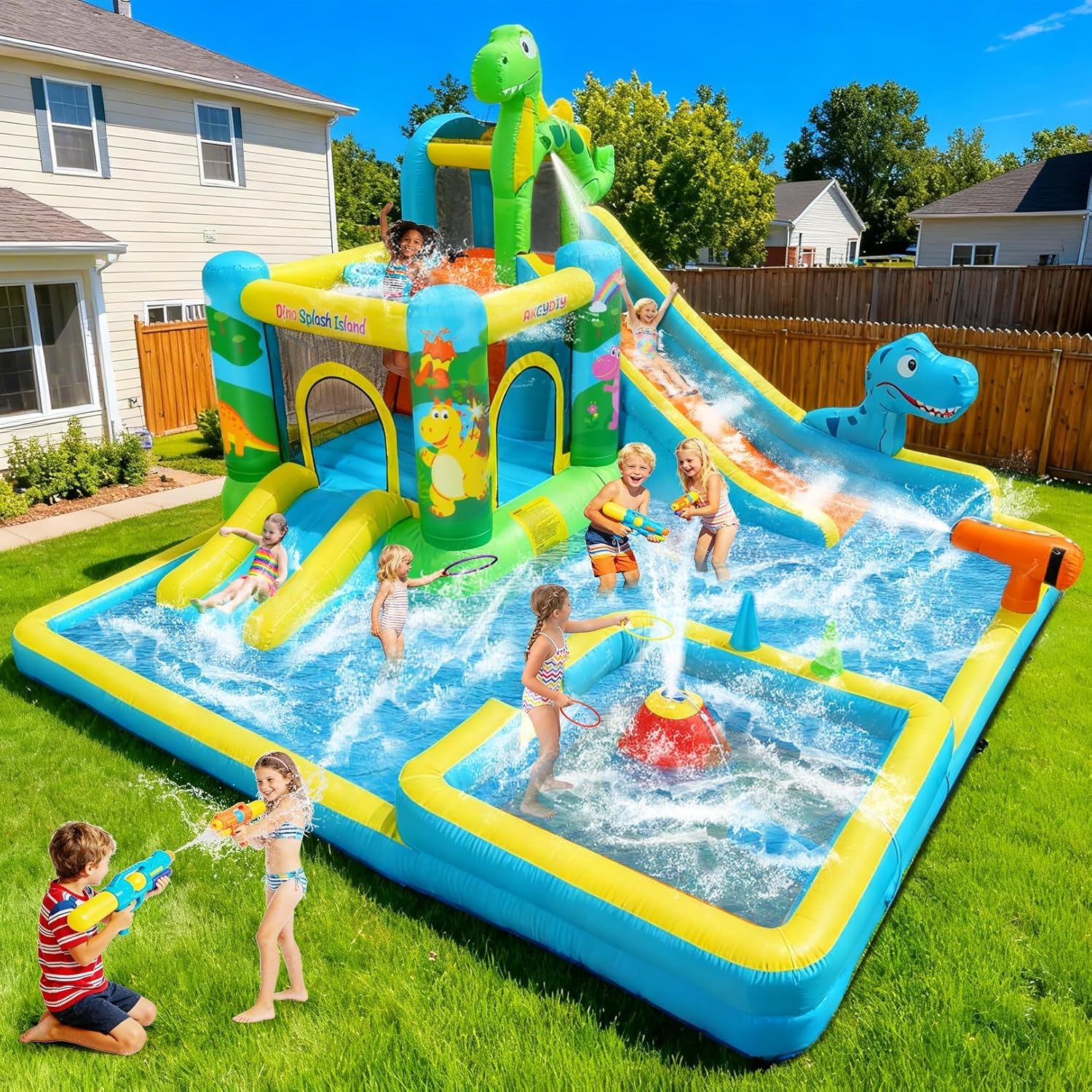 AKEYDIY Inflatable Water Slide Bounce House for Big Kids 8-12, Large Bounce House with Water Slide, Long & Short Slides, Splash Pool, Boxing Pillar, 550W Blower, Water Slides for Kids Backyard Outdoor