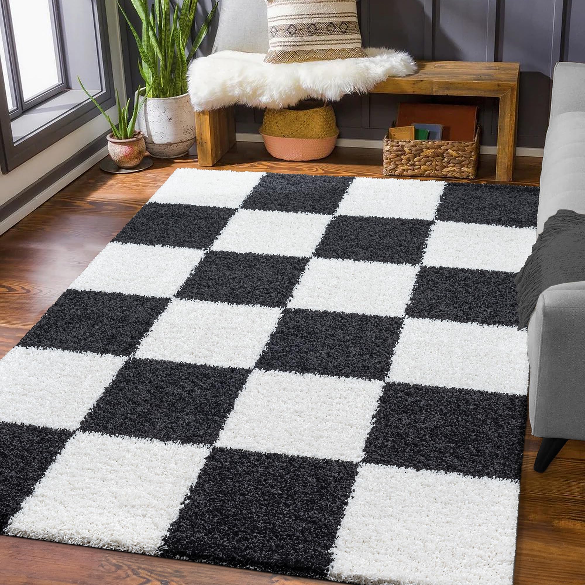 SANAT Milano Shaggy Teppich - Hochflor Teppiche für Wohnzimmer, Schlafzimmer, Küche - Schwarz Weiss, Größe: 120 x 170 cm
