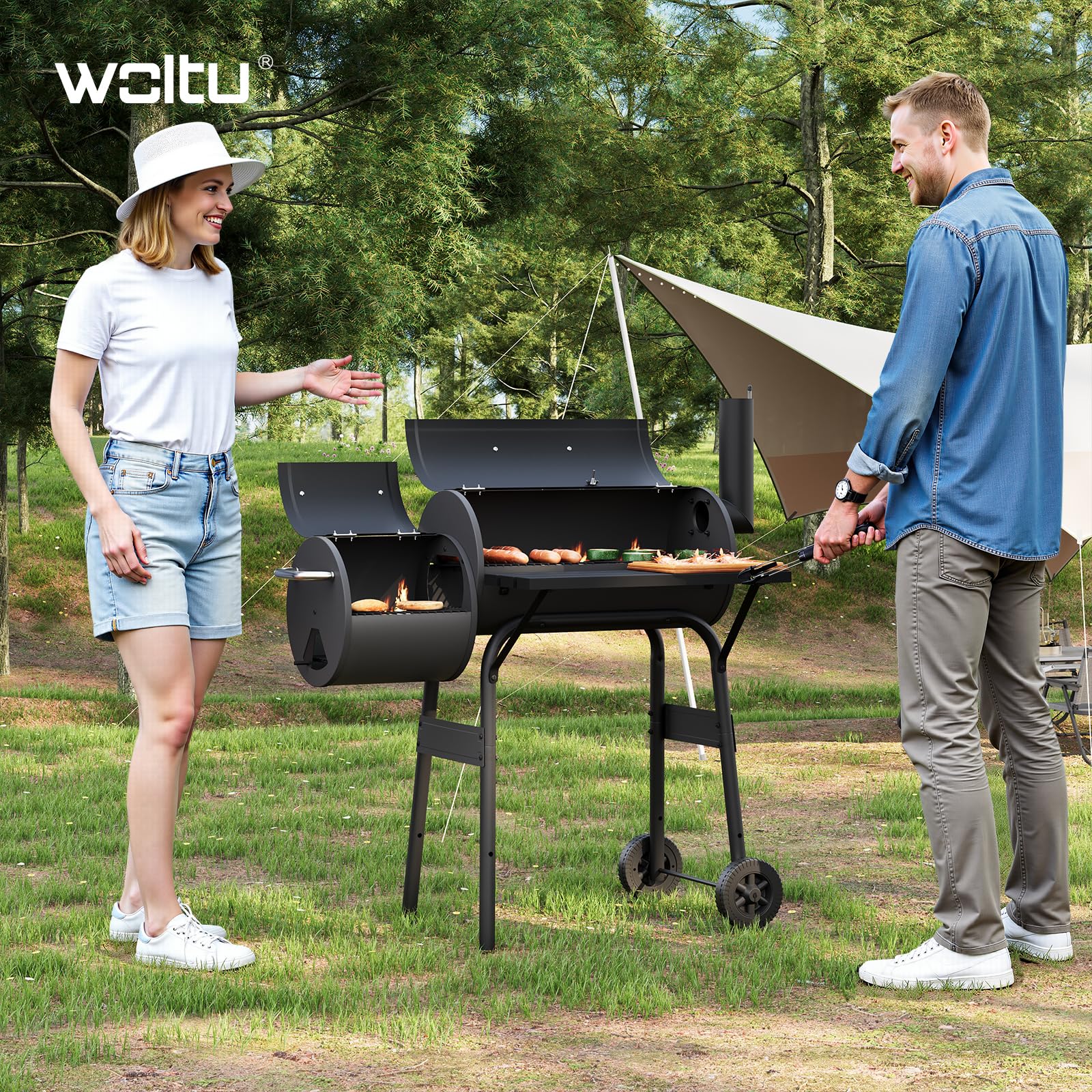 WOLTU CPZ8136sz grill na węgiel drzewny, 2 komory, grill stojący z kółkami transportowymi, 115 x 53 x 114 cm, grill na kemping i do ogrodu, czarny