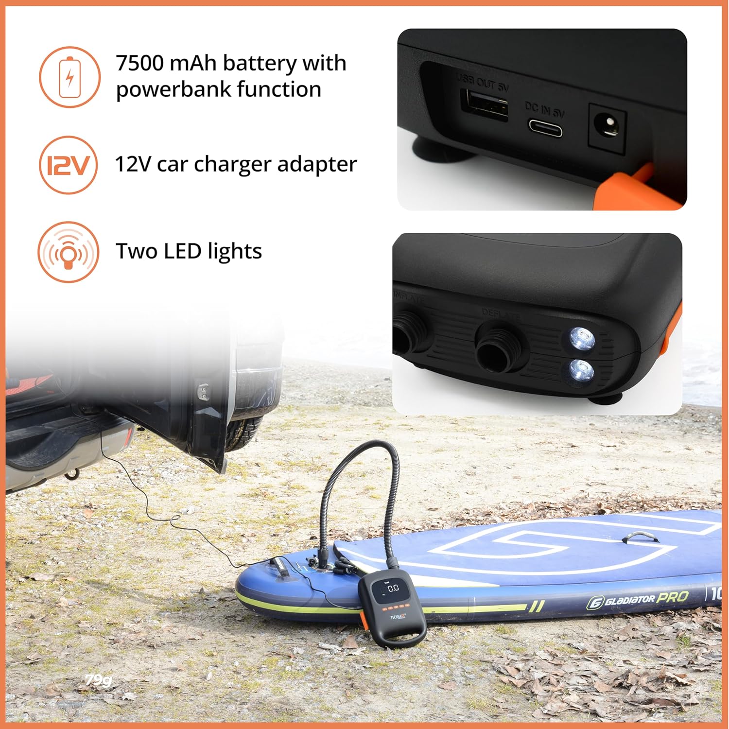 Technaxx SUP Battery Air Pump TX-266 showing power bank function and LED lights