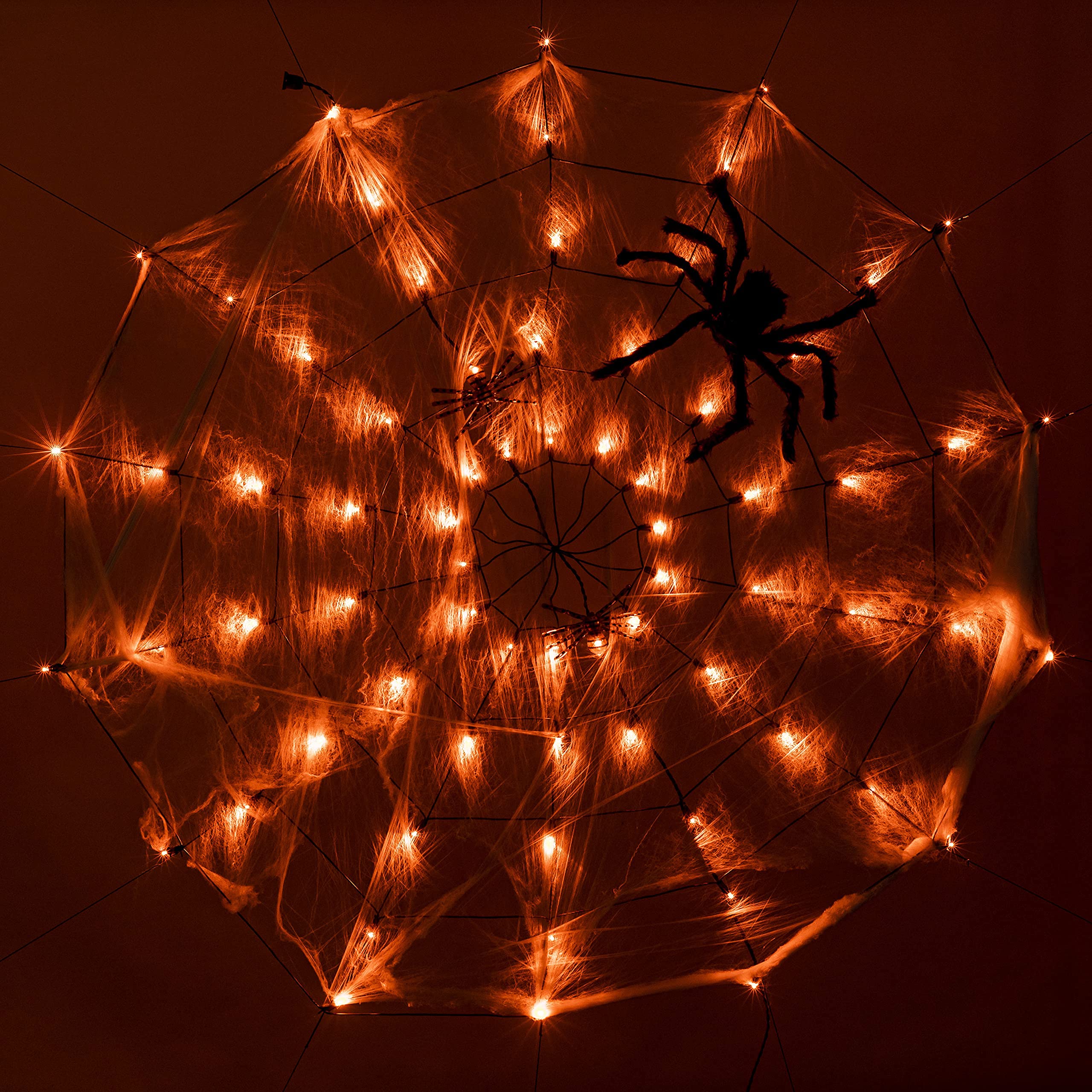 Luces De Telaraña De Halloween Con Araña Peluda – 180 Cm, 60 LEDs, 8 Modos Y Funcionan A Pilas