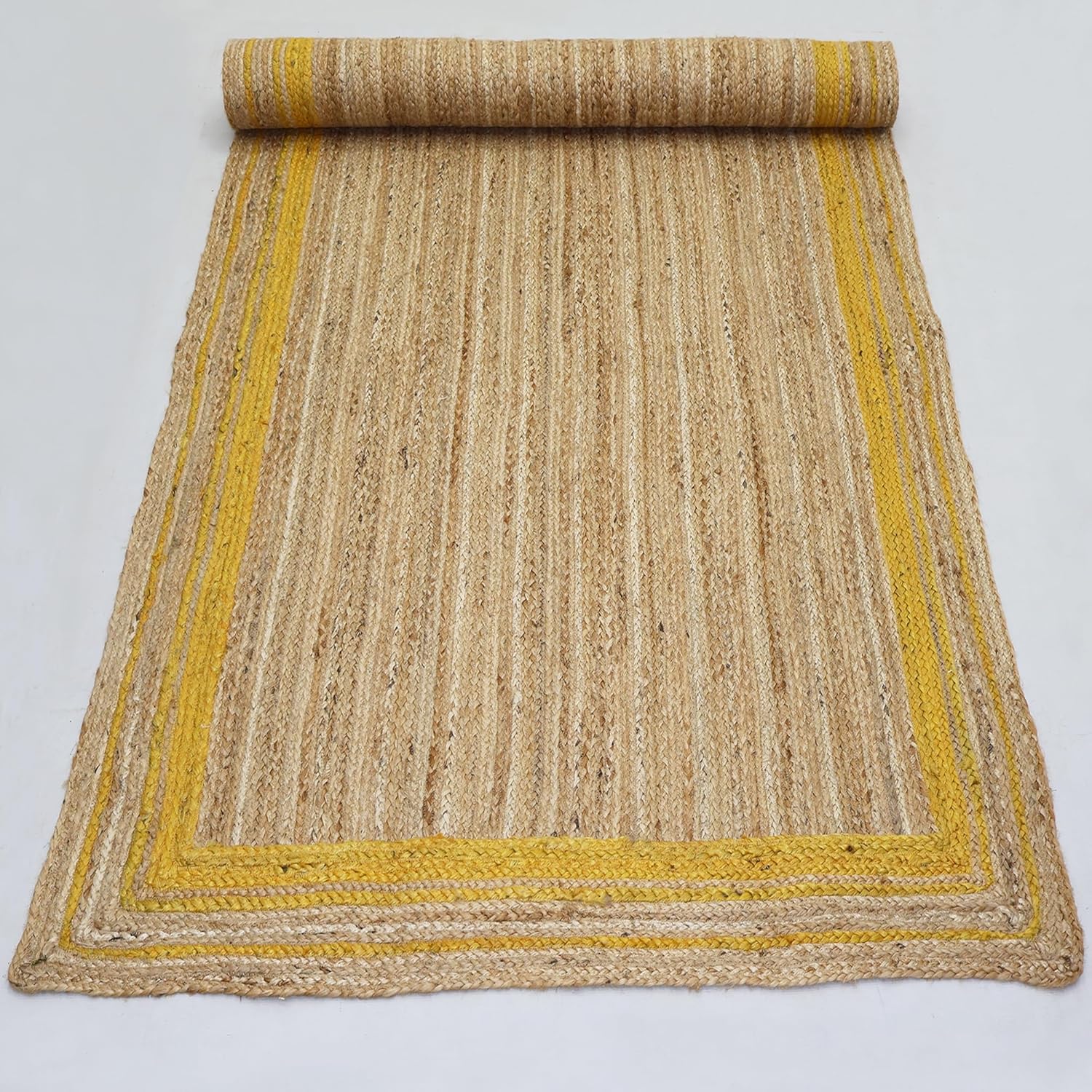 Area Jute Rug for Living Room 12x15 Hand Braided Boho Rug Thick 0.27" Geometric Yellow Rikki-Border Rugs for Farmhouse Design, Bedroom, Dining Area, Home Decor Carpet