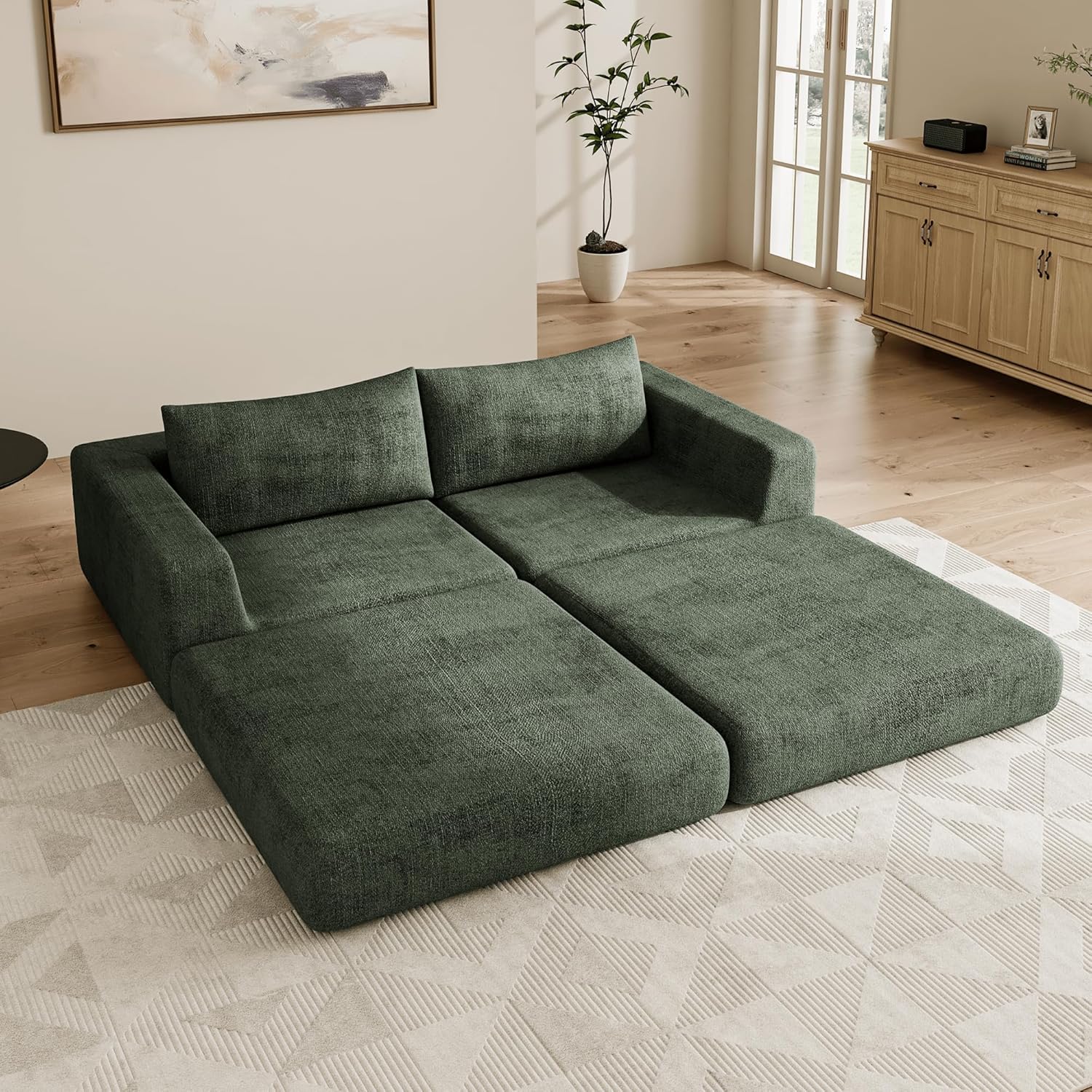Chenille Convertible Futon Sofa Bed – Folding Iron Frame Sleeper Couch with Adjustable Backrest, Loveseat Recliner for Living Room, Apartment,(Green)