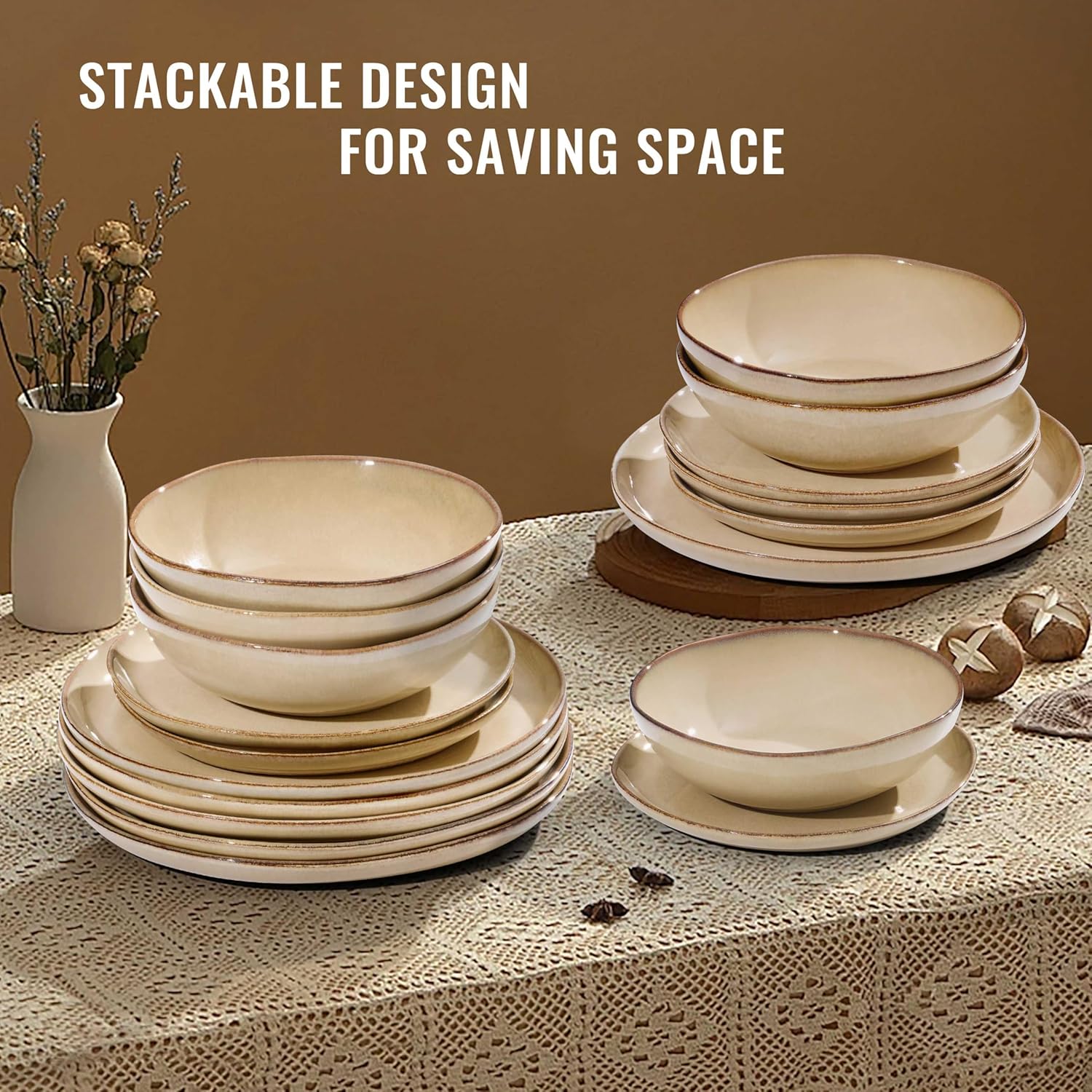 Herogo Dinnerware Sets for 8, 24pcs Stoneware Dinner Dish Set, Irregular Handmade Plates and Bowls Dishware, Crack and Scratch Resistant, Microwave & Dishwasher Safe, Cream Khaki