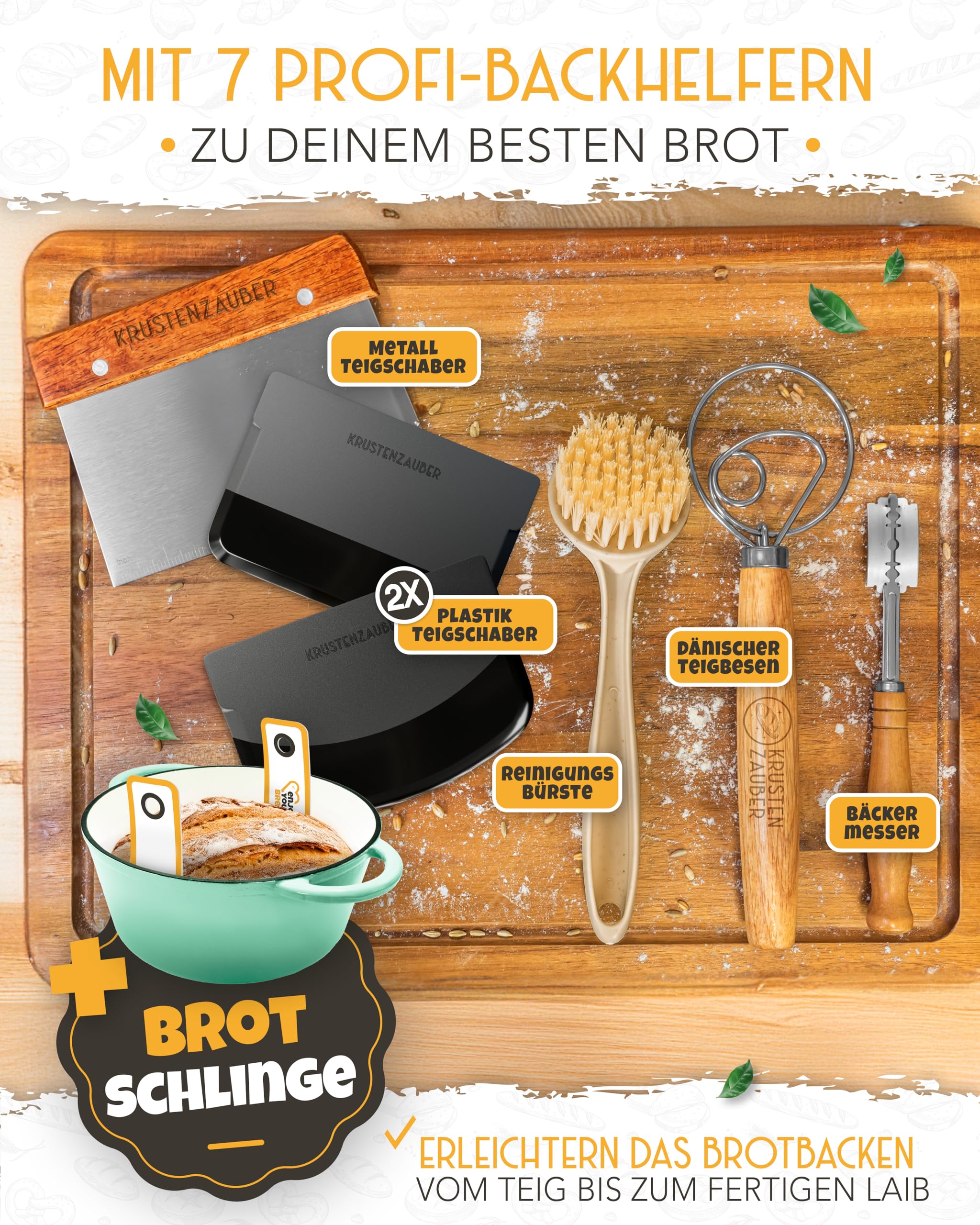 Żeliwny garnek do pieczenia chleba, emaliowany, w zestawie XXL – forma do pieczenia chleba z pokrywką w zestawie z koszem do fermentacji, trzepaczką, nożem piekarskim, skrobakiem do ciasta, pętlą do