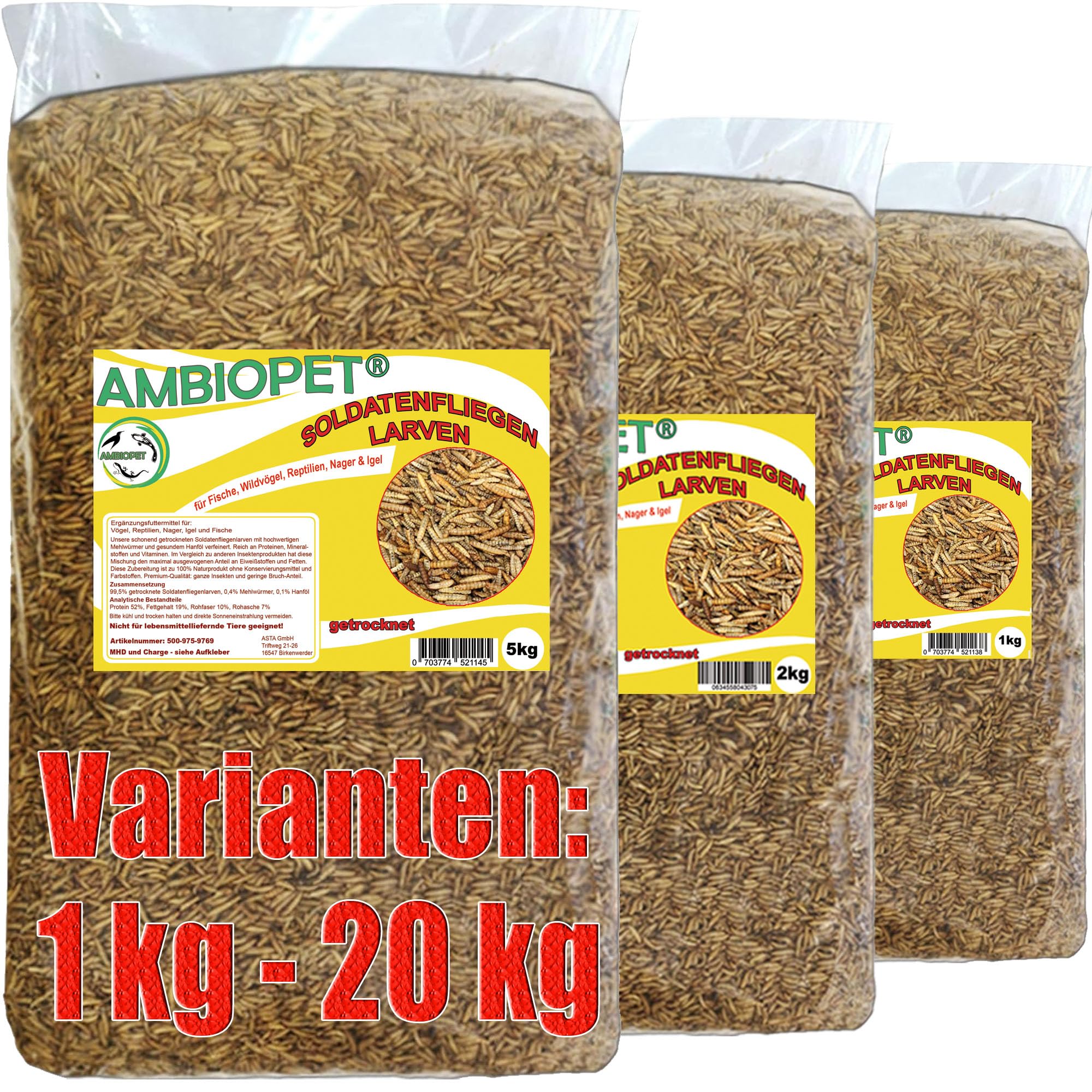 Ambiopet Soldatenfliegenlarven (Hermetia) getrocknet 5kg Packung, Black Soldier Fly, Protein- und fettreiches Wildvogelfutter, reich an Calcium und Laurinsäure - 1