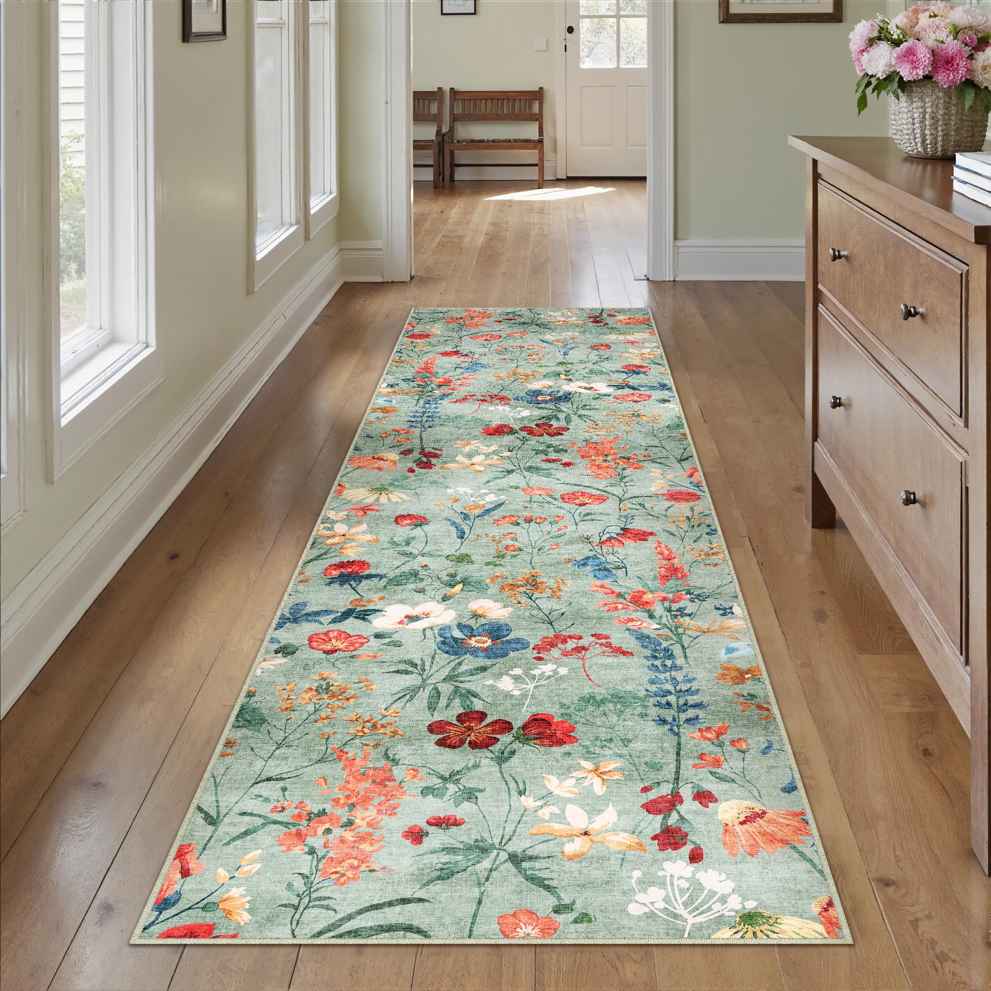 HUGEAR Grün Waschbarer Läufer Teppich Flur 60x240cm Blumenmuster Bettvorleger Blumen Boho Modern Küchen Wohnzimmer Schlafzimmer Teppiche rutschfest Kurzflor Weich Flurläufer Teppichläufer