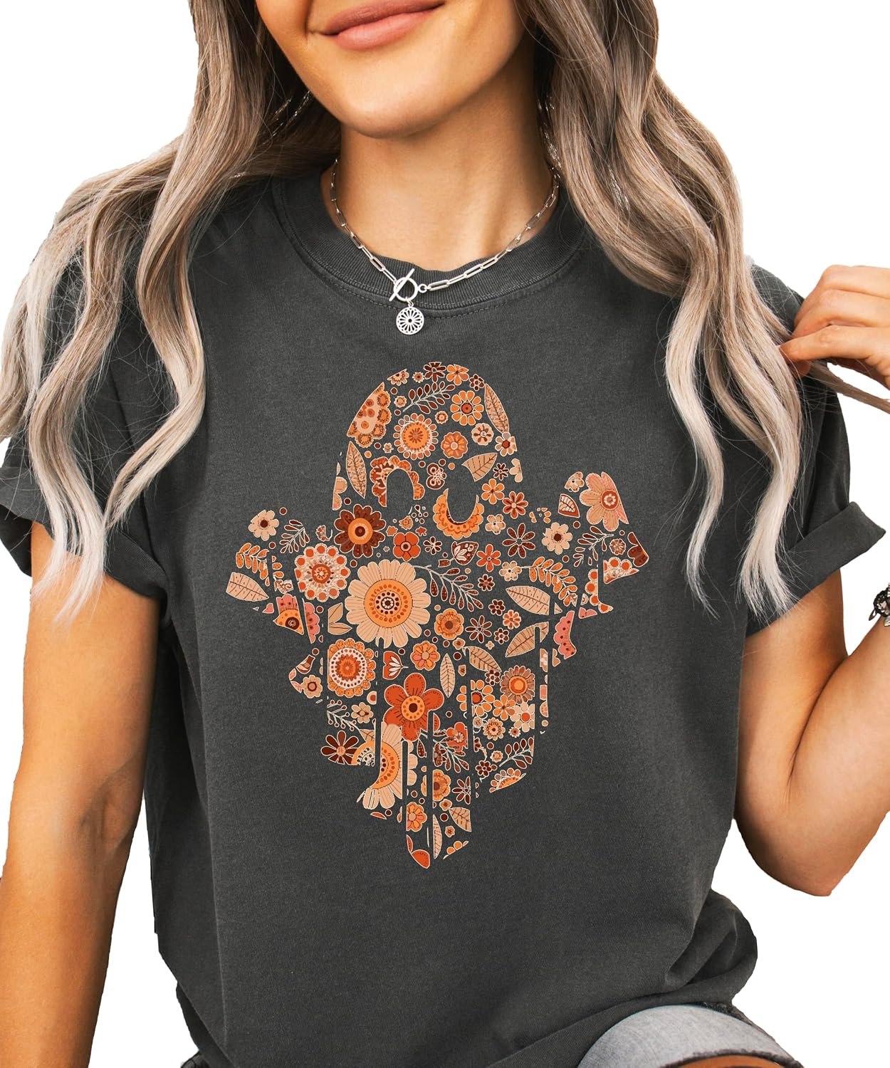 Trendy Orange Floral Ghost Shirt Cute Fall Halloween Graphic T-Shirt