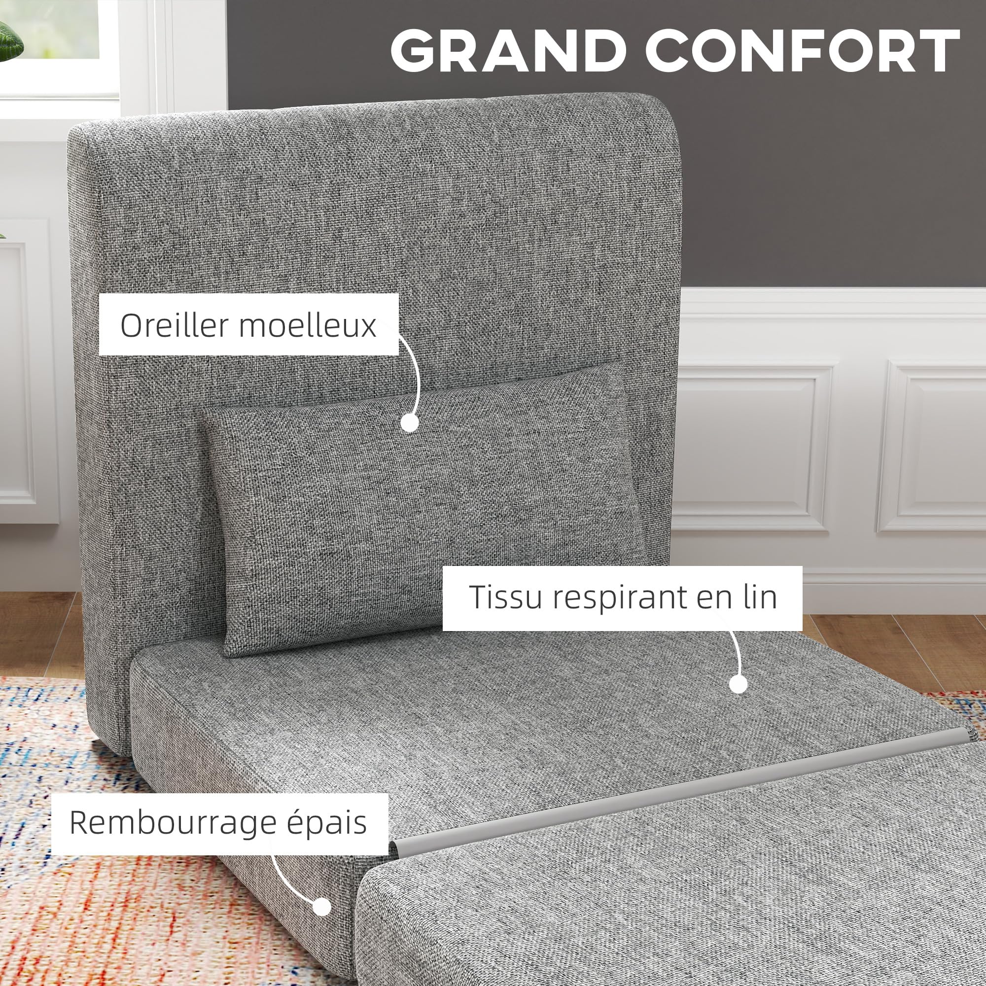 HOMCOM Fauteuil Convertible 1 Place Fauteuil Paresseux chauffeuse Une Place - Coussin Inclus, Matelas tri-dépliant - pour invités, Salon, Charge 240 kg, Tissu Lin Gris