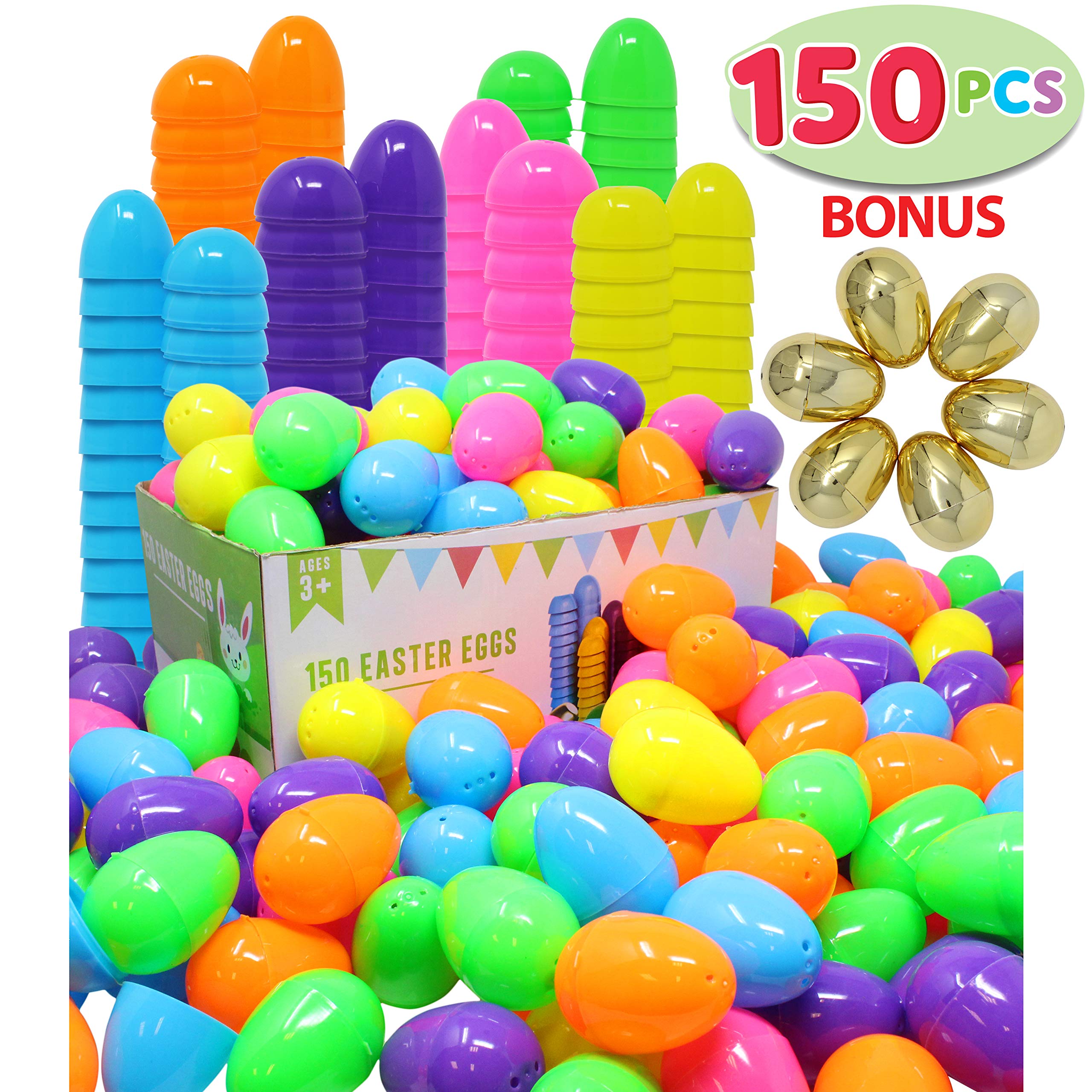150PCS Plastic Easter Eggs, Empty 2.3" 144PCS Colorful with 6PCS Golden Eggs Bulk Fillable for Easter Hunt Party Favor Basket Stuffers Filler Classroom Prize Supplies Decor