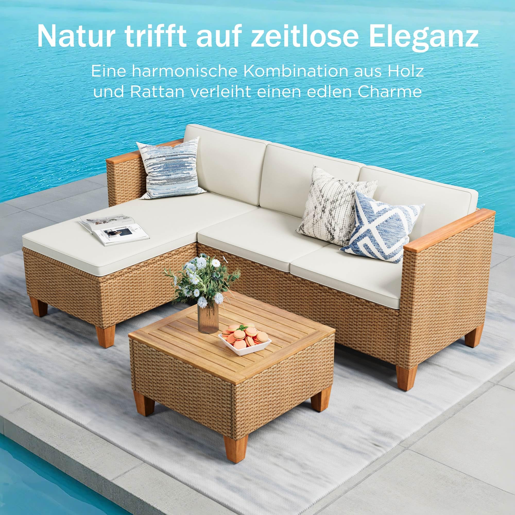 PHI VILLA 3 Teilig Gartenmöbel Set Balkonmöbel, Rattan Lounge Möbel Outdoor mit 1 Chaiselongue, 1 Zweisitzer-Sofa und 1 Kleiner Couchtisch, 4 Personen Terassenmöbel Außen Gartensofa