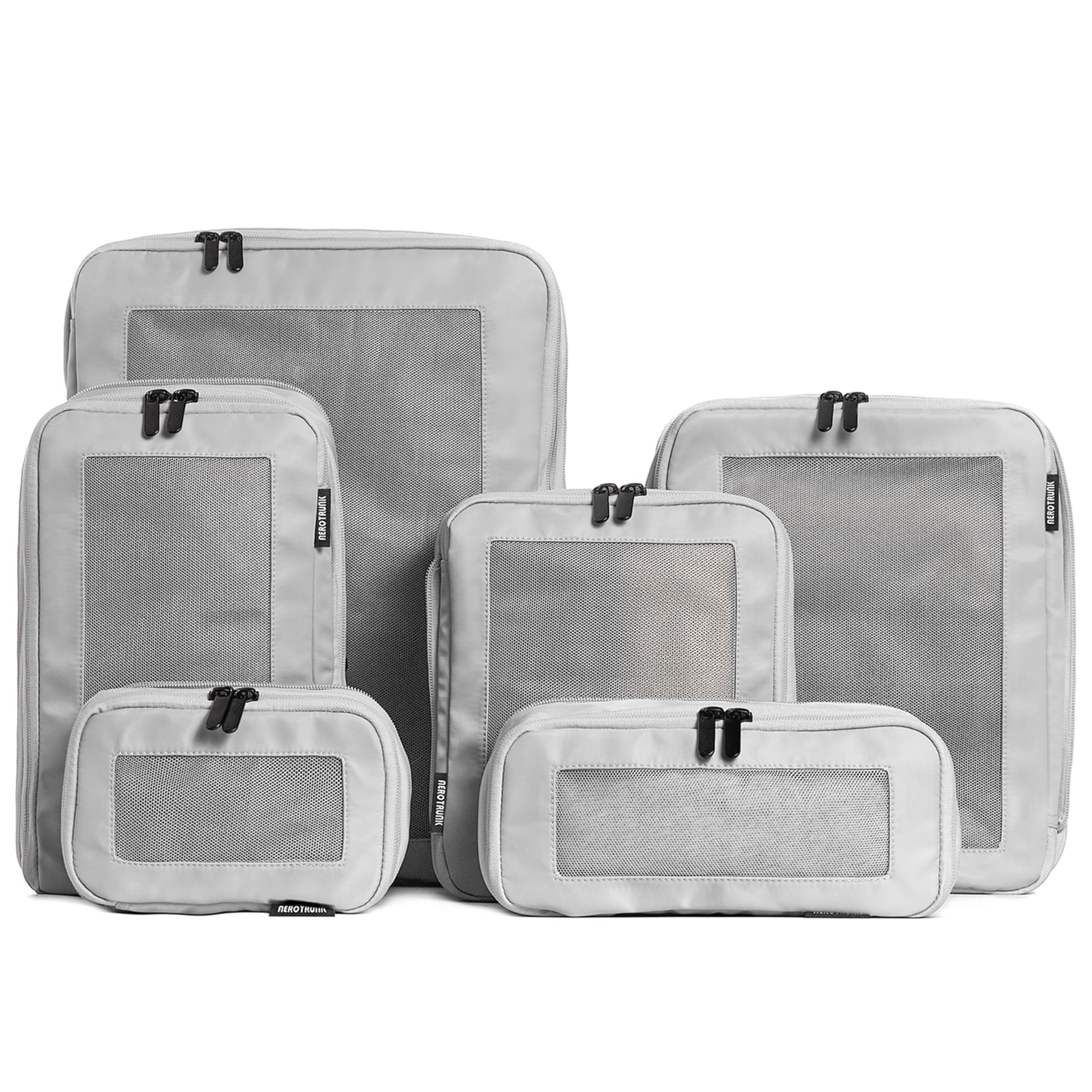 Aerotrunk Compression Packing Cubes for Travel - Luggage Organizer Bags - Double Zipper Packing Cubes for Suitcases (6-Pack, Light Grey)