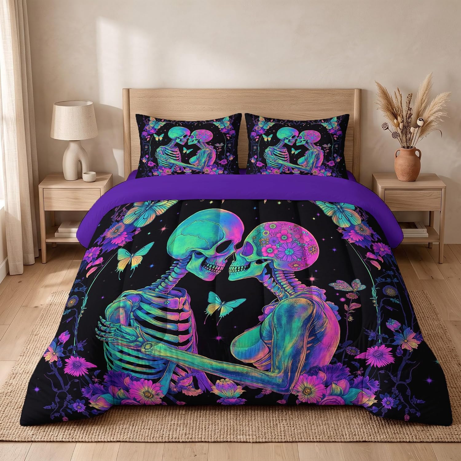 Cyberpunk Quilt Set Twin 3 Pieces, Bright Purple Quilts Bedding Set Skull Lovers Butterfly Bedspread Bed Cover Lightweight Spring Summer Beds Coverlet for All Season - 68"X90"