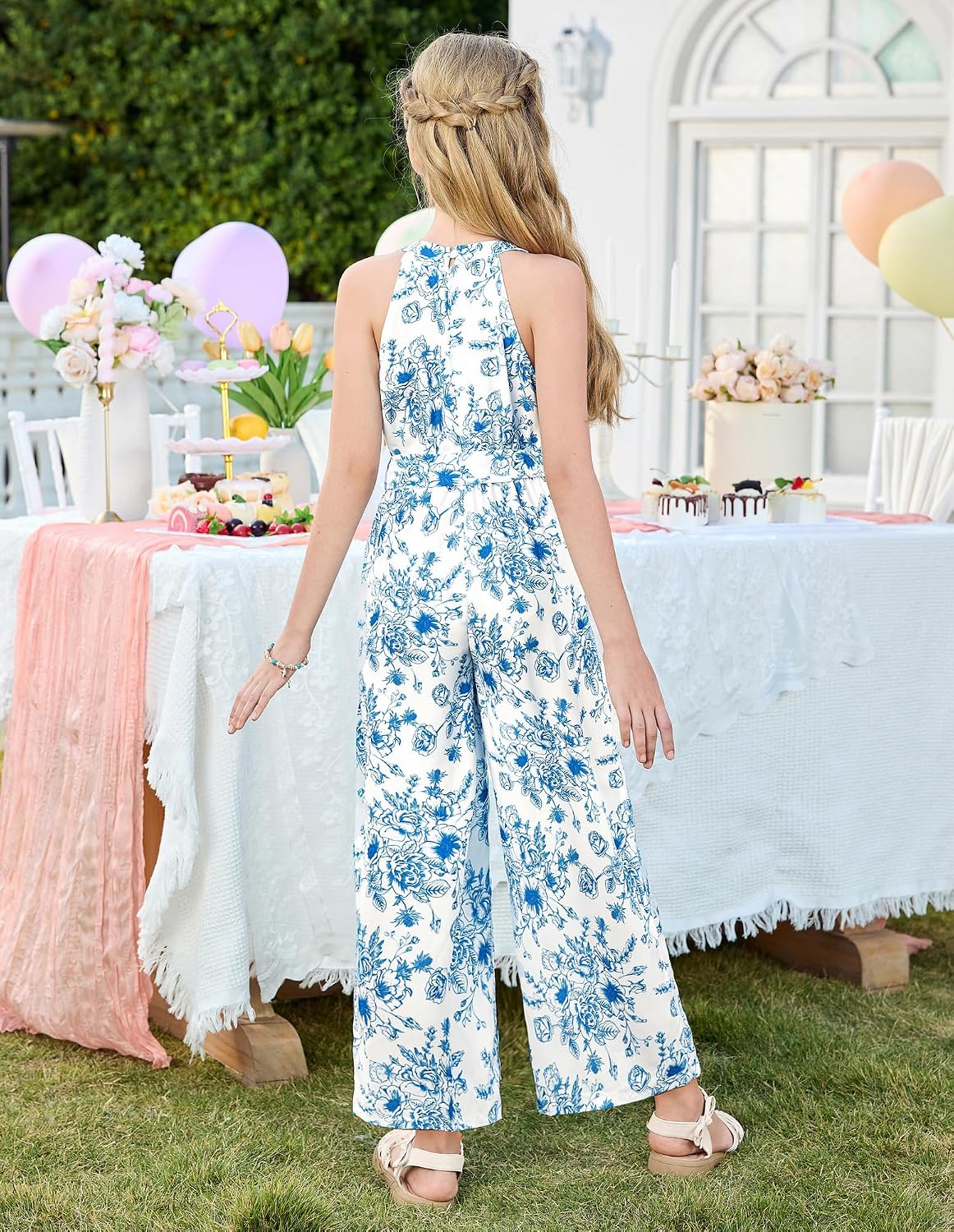 GRACE KARIN Girls Floral Jumpsuit Kids Halter Summer Belted Romper Wide Led Long Pants Size 7-14Y