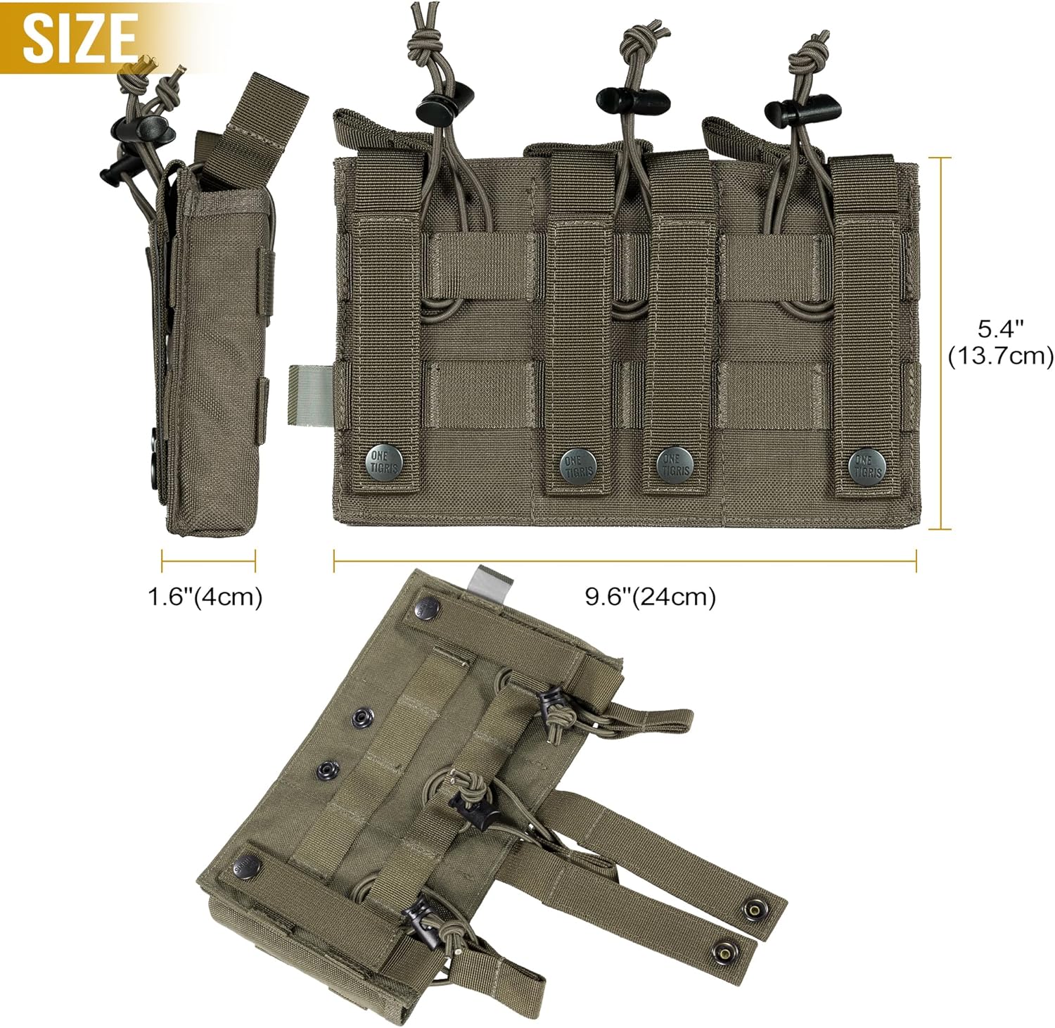 OneTigris Tactical Pistol Mag Pouch - Open-Top Triple 5.56mm Magazine Pouch for M4/M16/AR-15 & 5.56 AK Variants, with Elastic Rifle, Quick-Release Insert & MOLLE Compatibility