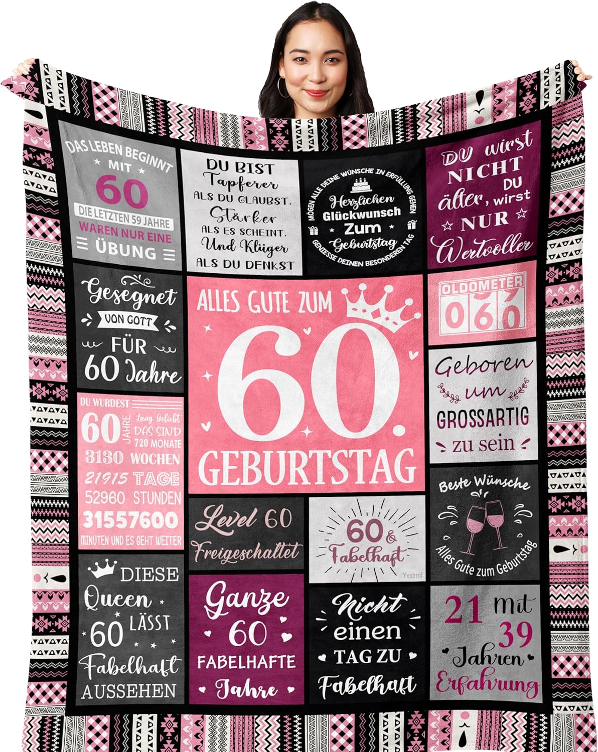 Yesbird 60 Geburtstag Frauen, 60 Geburtstag Deko, 60. Geburtstag Frauen, Geschenke zum 60 Geburtstag Frau, Geschenk 60. Geburtstag Frau Decke 150x130CM