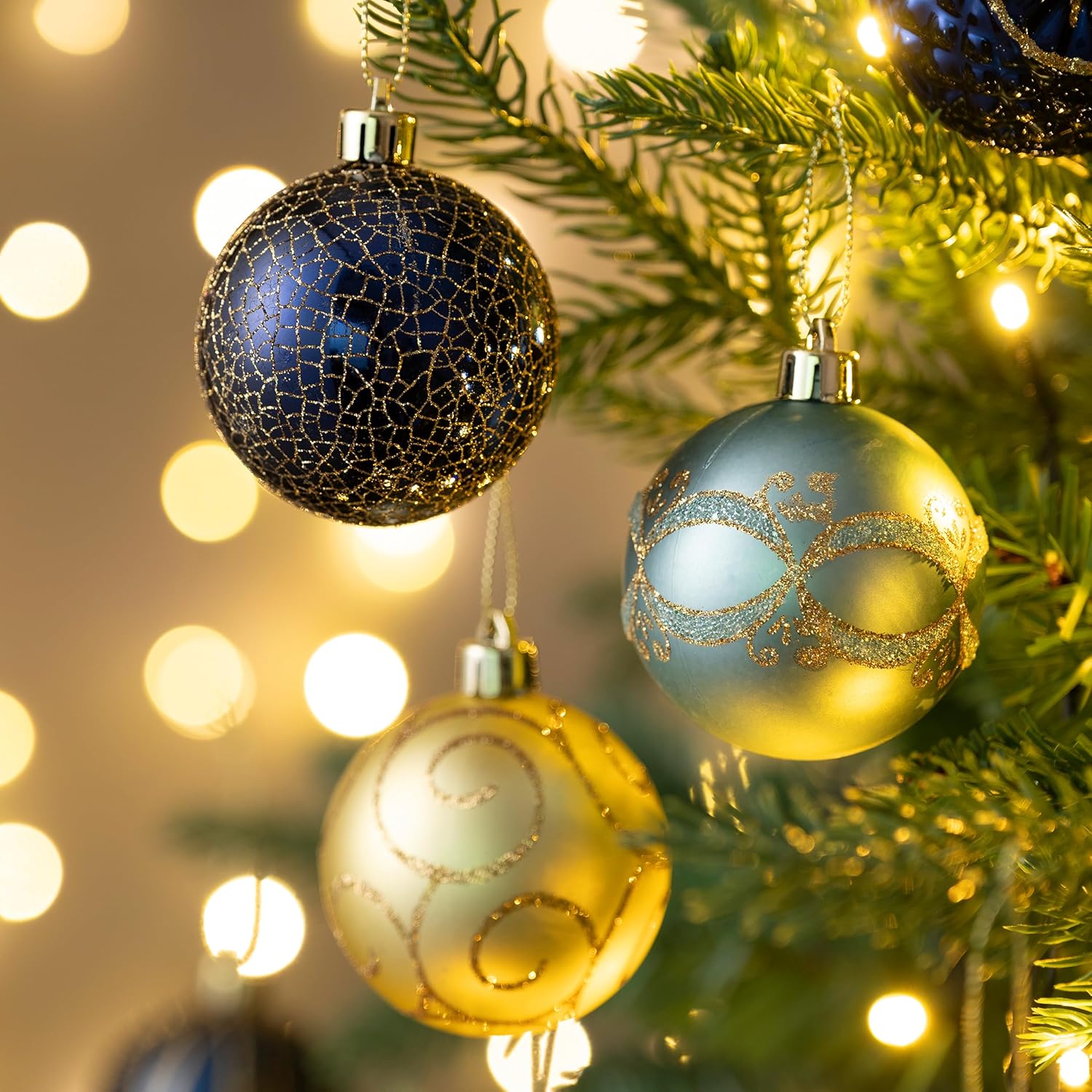 Valery Madelyn Christmas Tree Ornaments, 16ct Blue and Gold Shatterproof Christmas Tree Decorations, 2.36 Inches Peacock Hanging Ball Ornaments Bulk for Xmas Holiday Party Decor