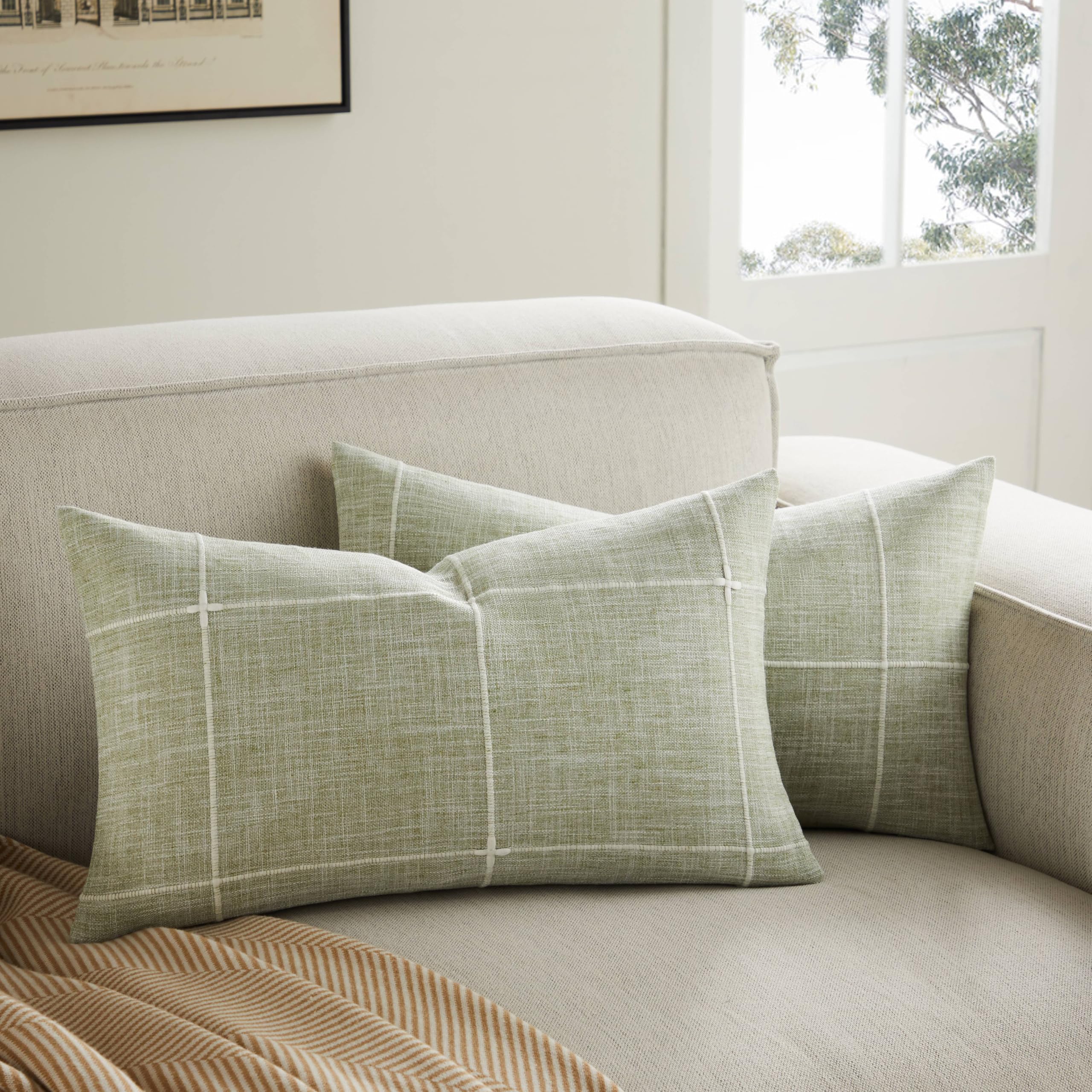YZJZEDS 2 Packs Grid Embroidery Lumbar Throw Pillow Covers, 12x20 Inch Green, Farmhouse Linen Decorative Sage Green Cushion Covers for Sofa Bed Living